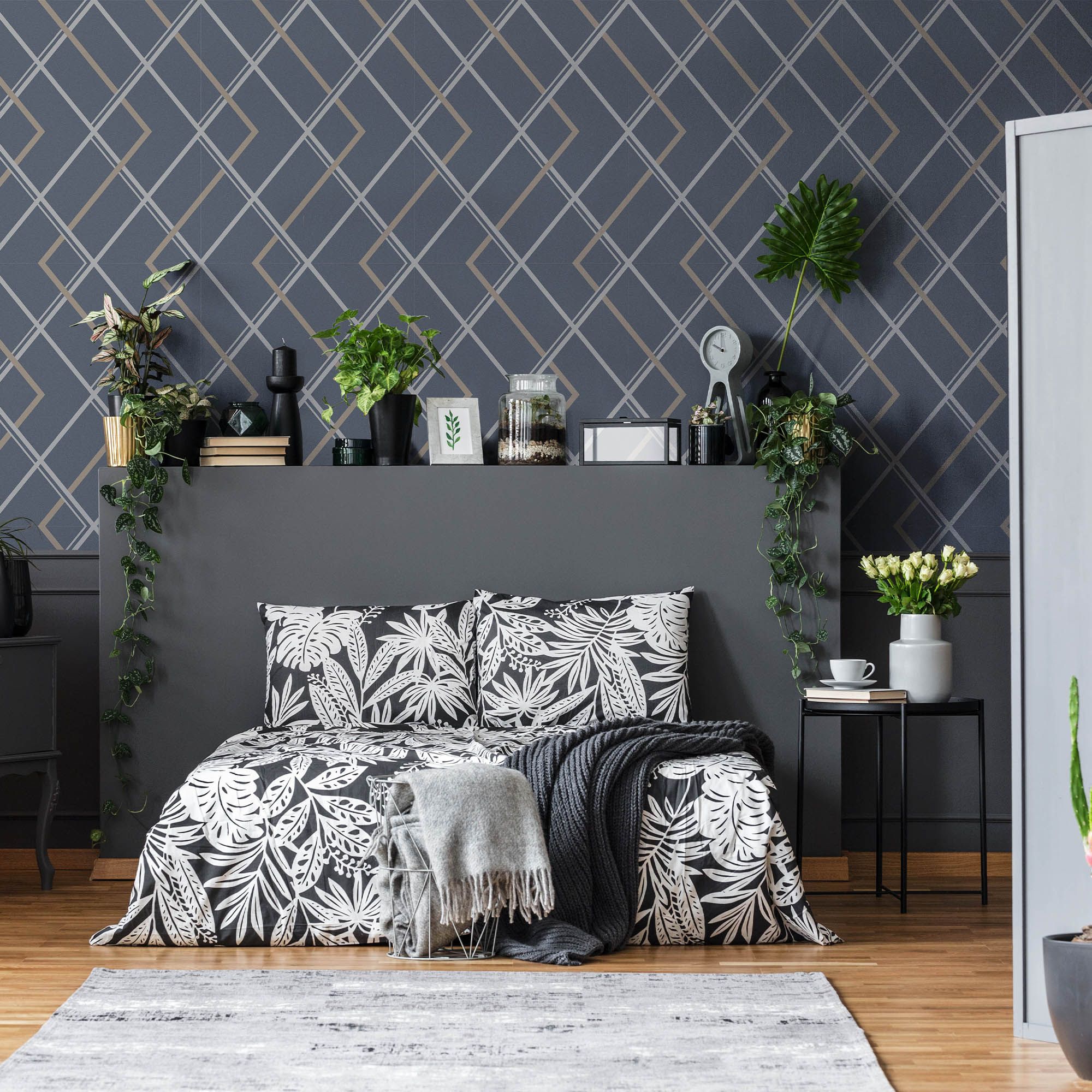 GoodHome Ashbourne Blue Metallic effect Geometric Smooth Wallpaper