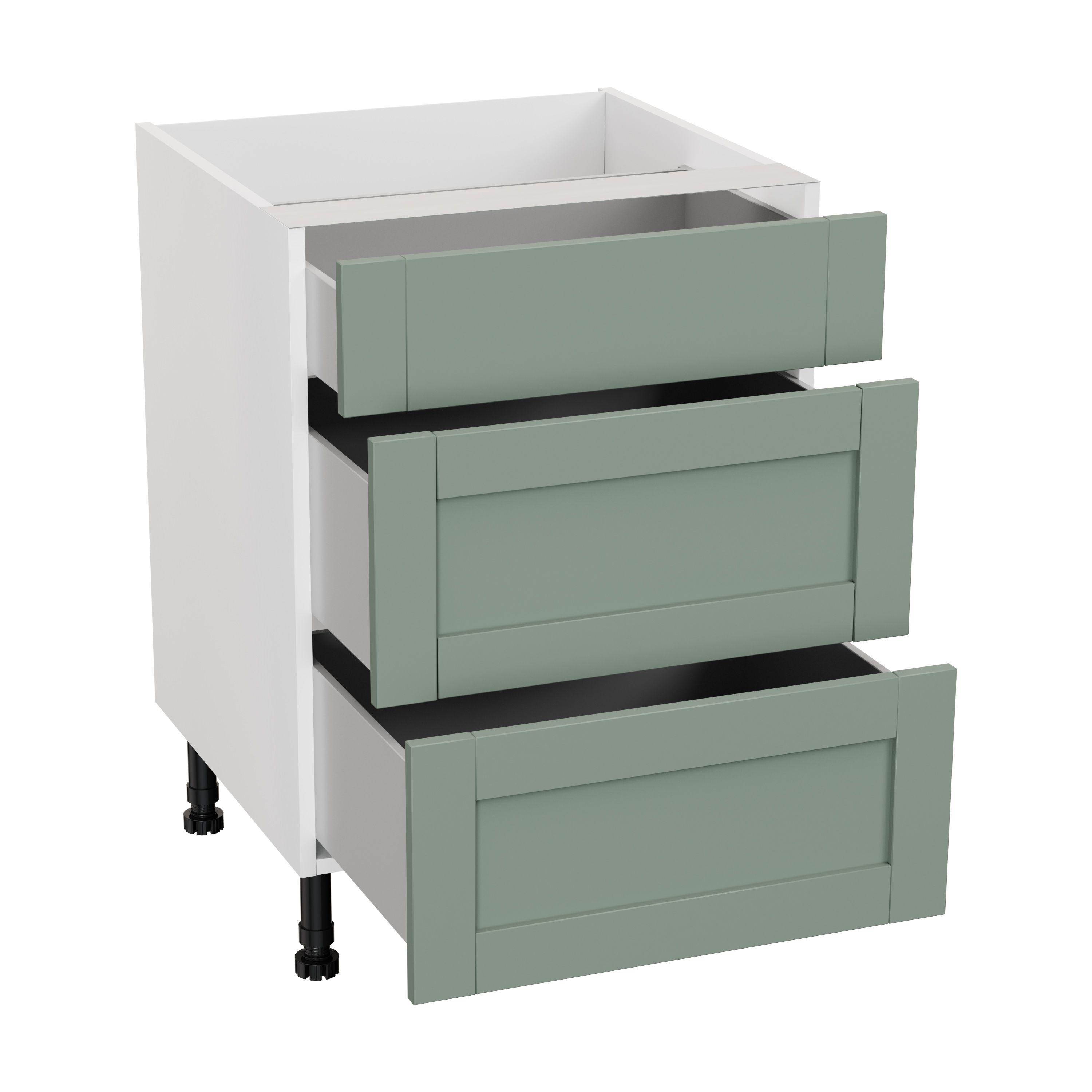 GoodHome Ashmead Matt reed green 3 drawer set Base Kitchen cabinet (W) 600mm (H)720mm