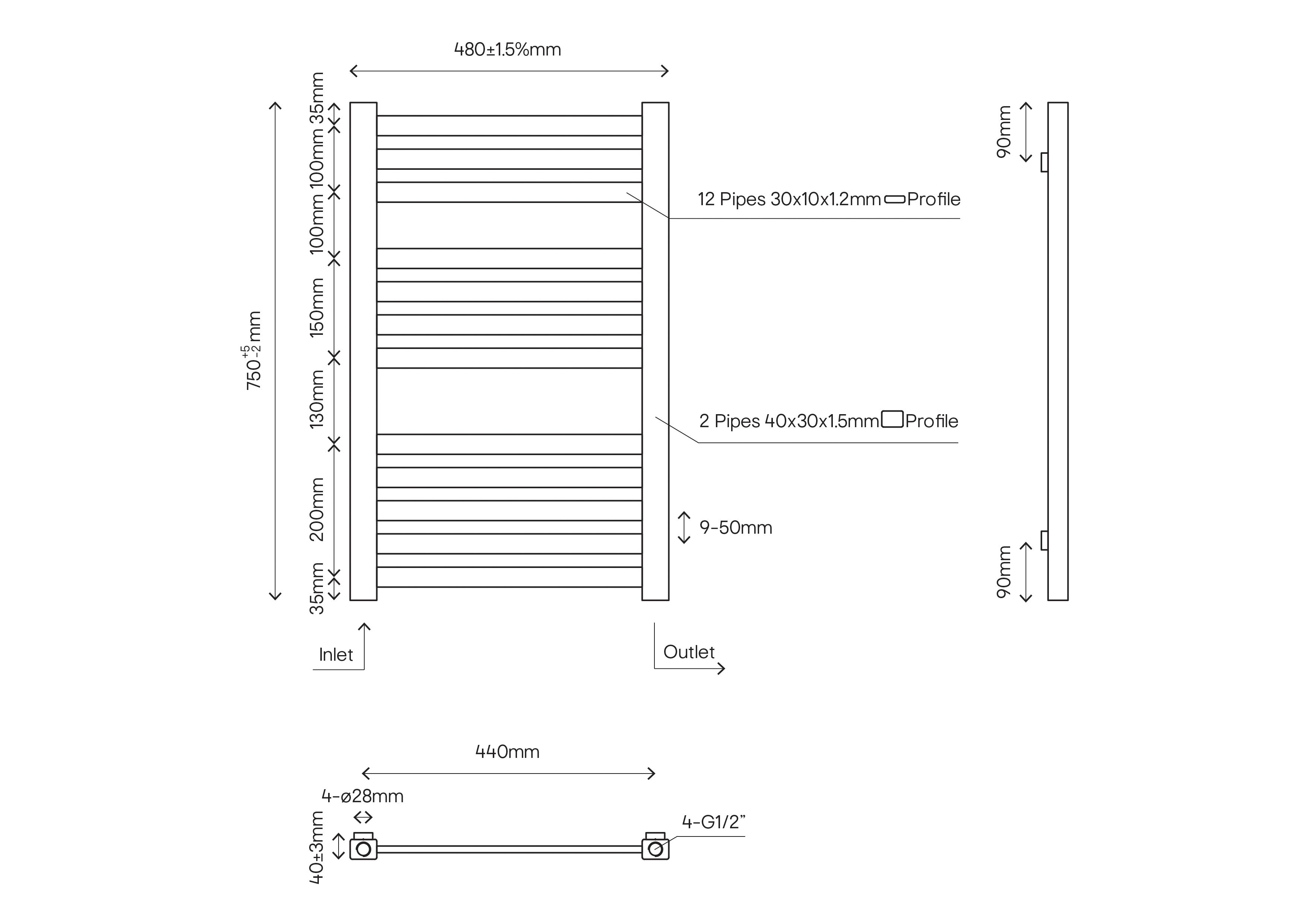 GoodHome Aspley, Anthracite Vertical Flat Towel radiator (W)480mm x (H)750mm