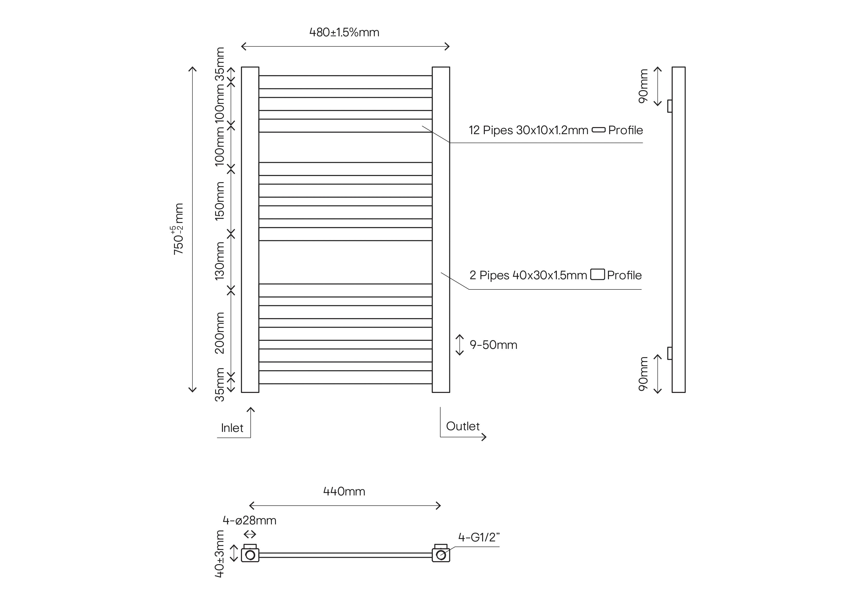 GoodHome Aspley, White Vertical Flat Towel radiator (W)480mm x (H)750mm
