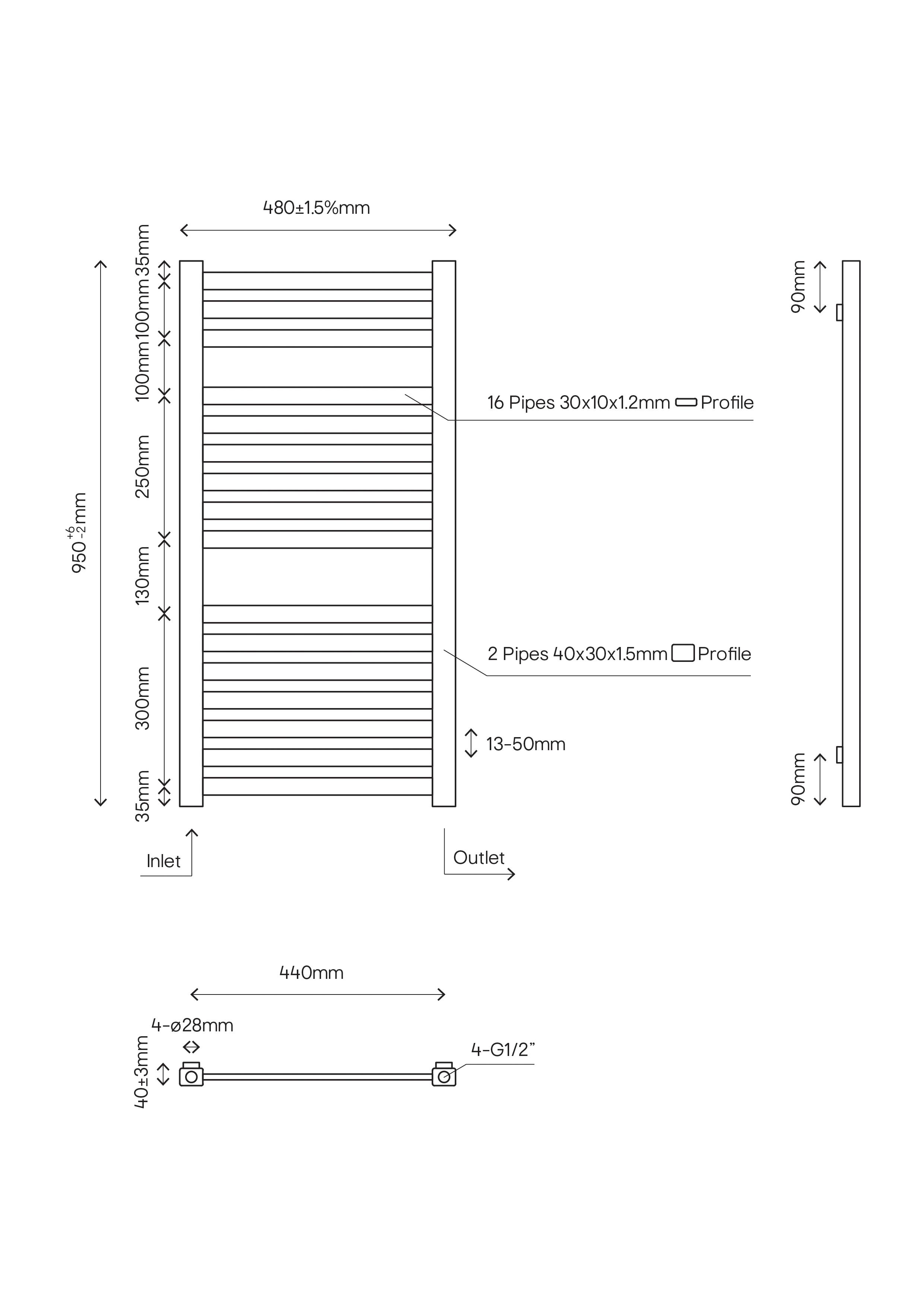 GoodHome Aspley, White Vertical Flat Towel radiator (W)480mm x (H)950mm