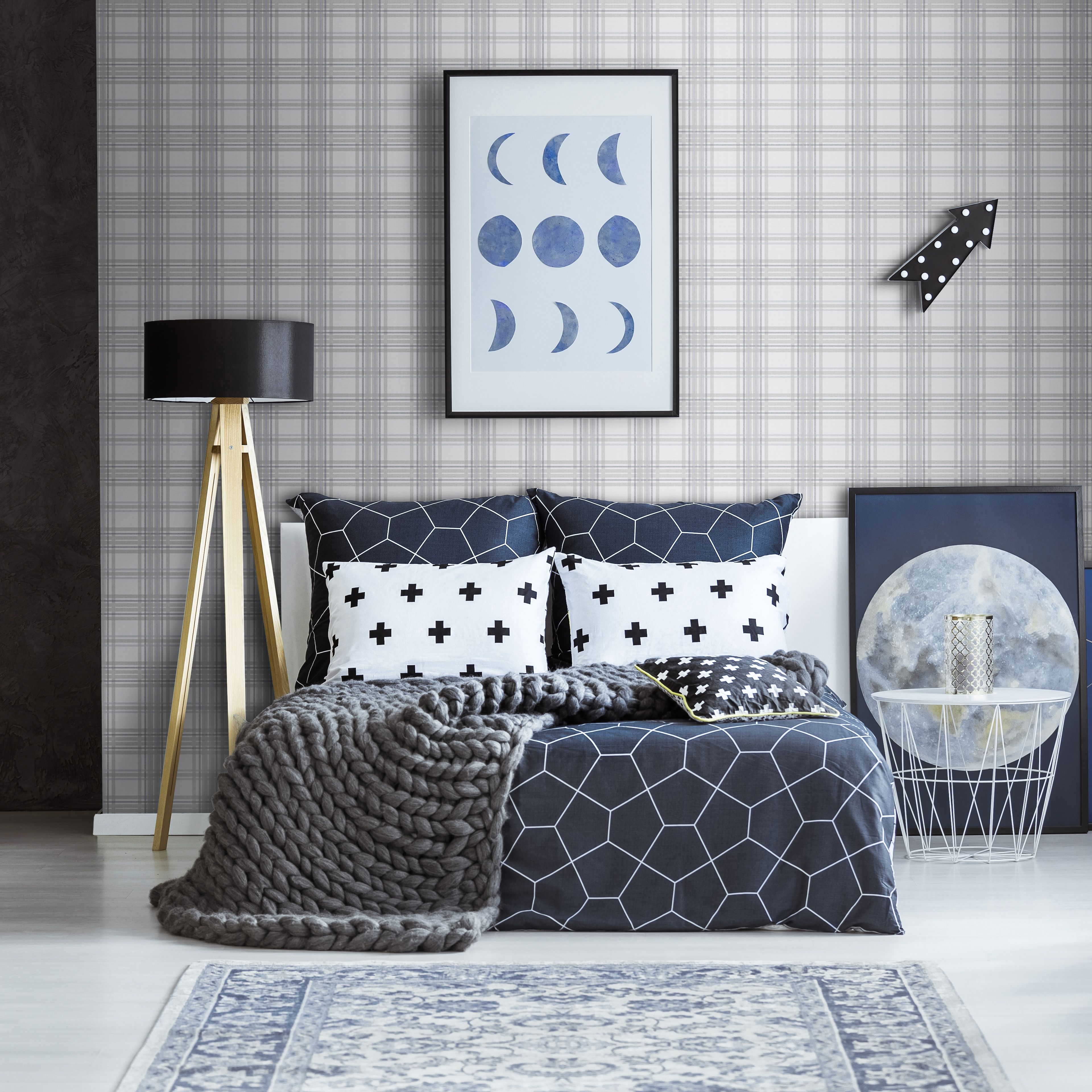 GoodHome Atherton Grey Metallic effect Tartan Textured Wallpaper