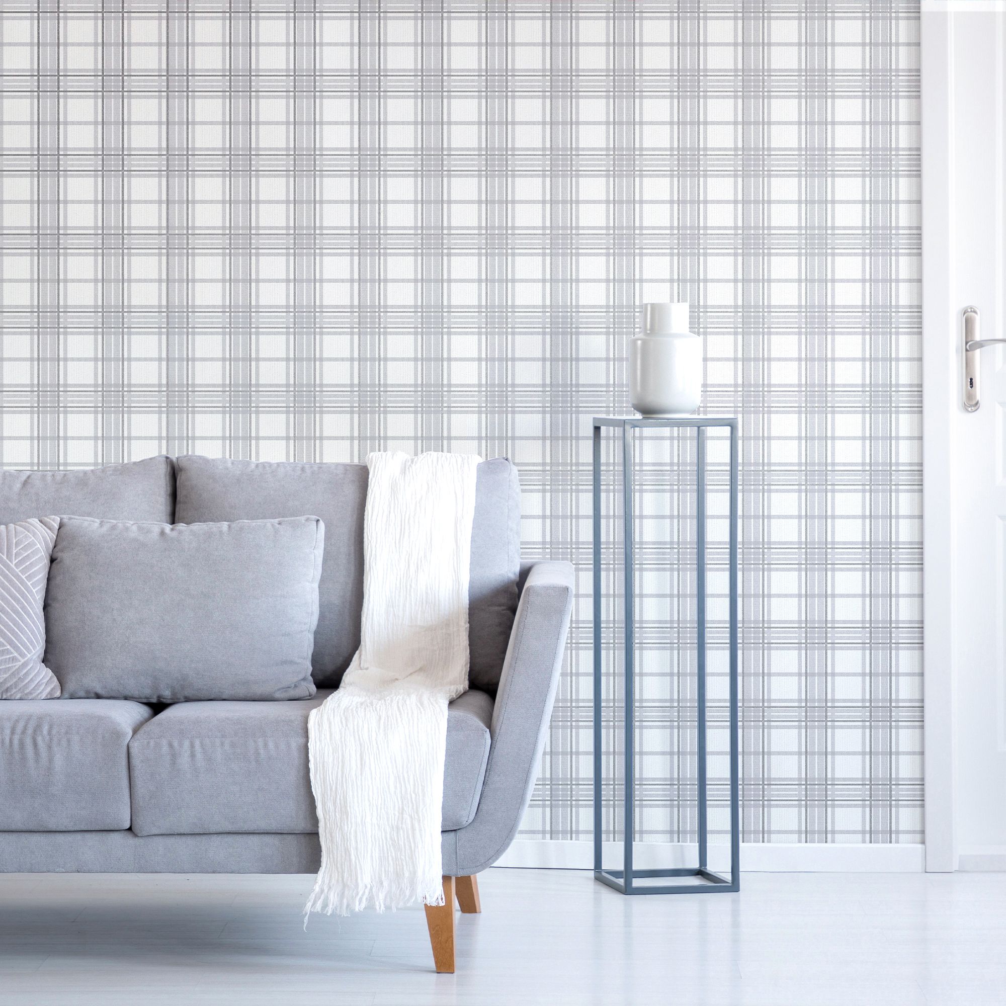 GoodHome Atherton Grey Metallic effect Tartan Textured Wallpaper