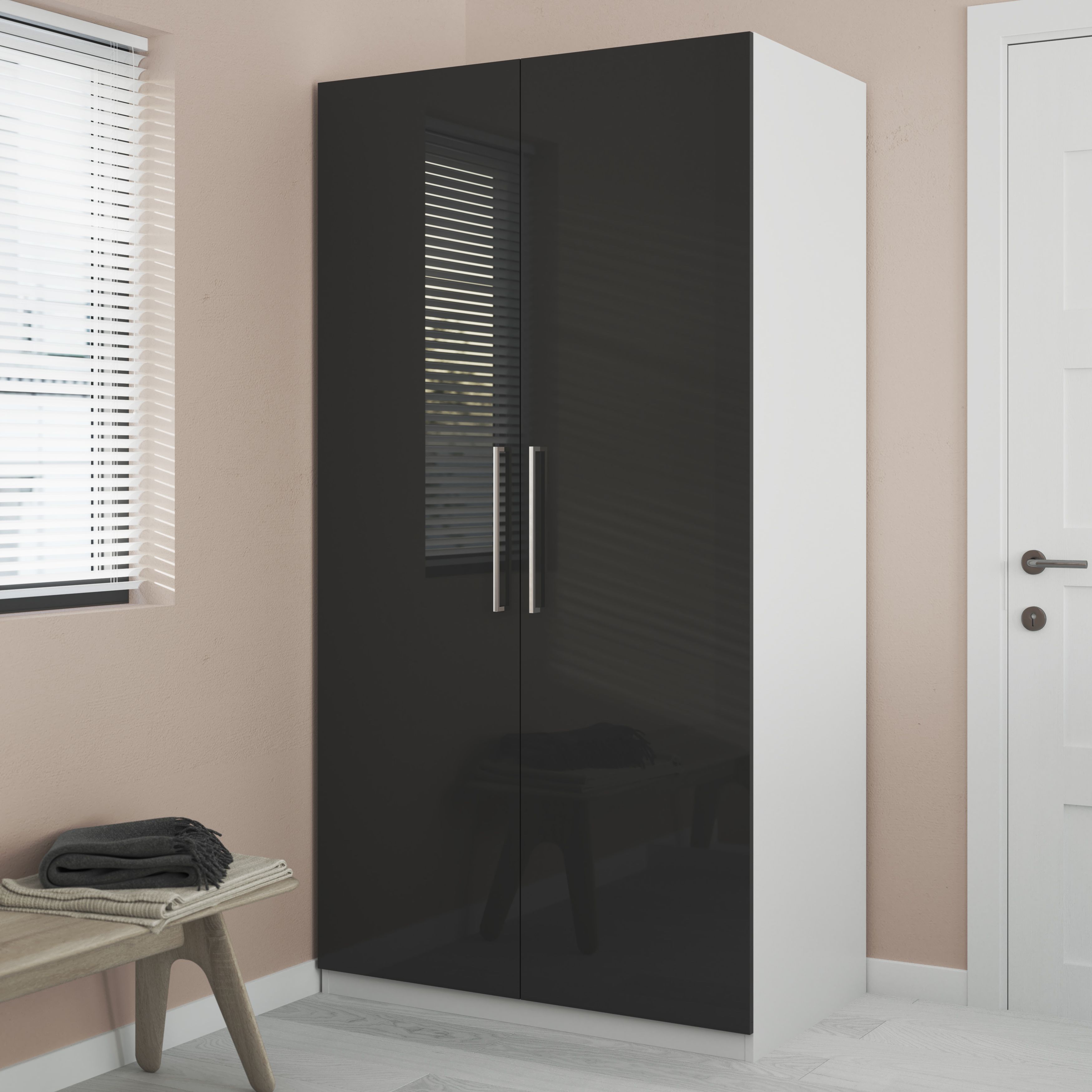 GoodHome Atomia Freestanding Gloss & matt white & anthracite Large Double Wardrobe (H)1929mm (W)1000mm (D)596mm