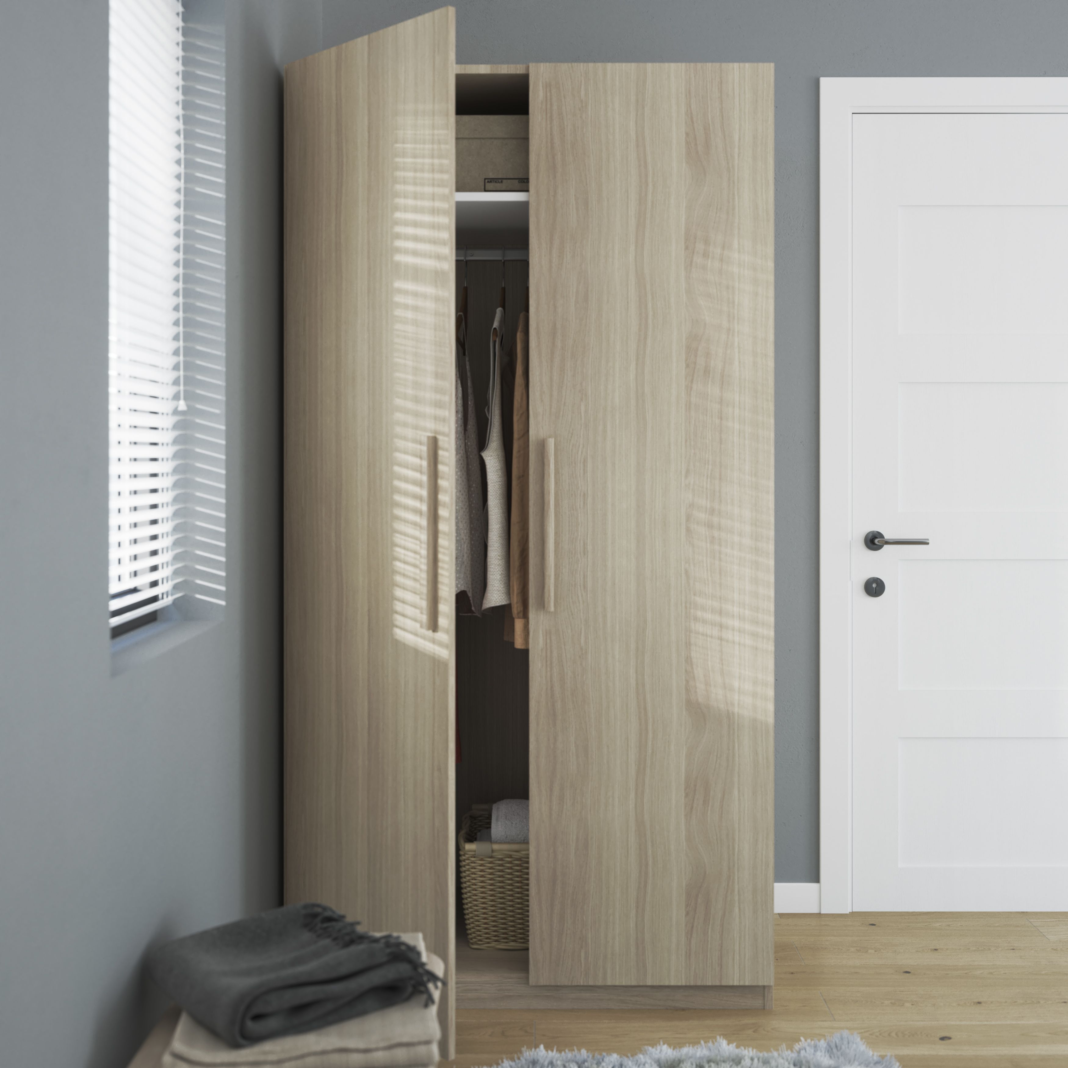 GoodHome Atomia Freestanding Modern Matt oak effect Large Double Wardrobe (H)1929mm (W)1000mm (D)596mm
