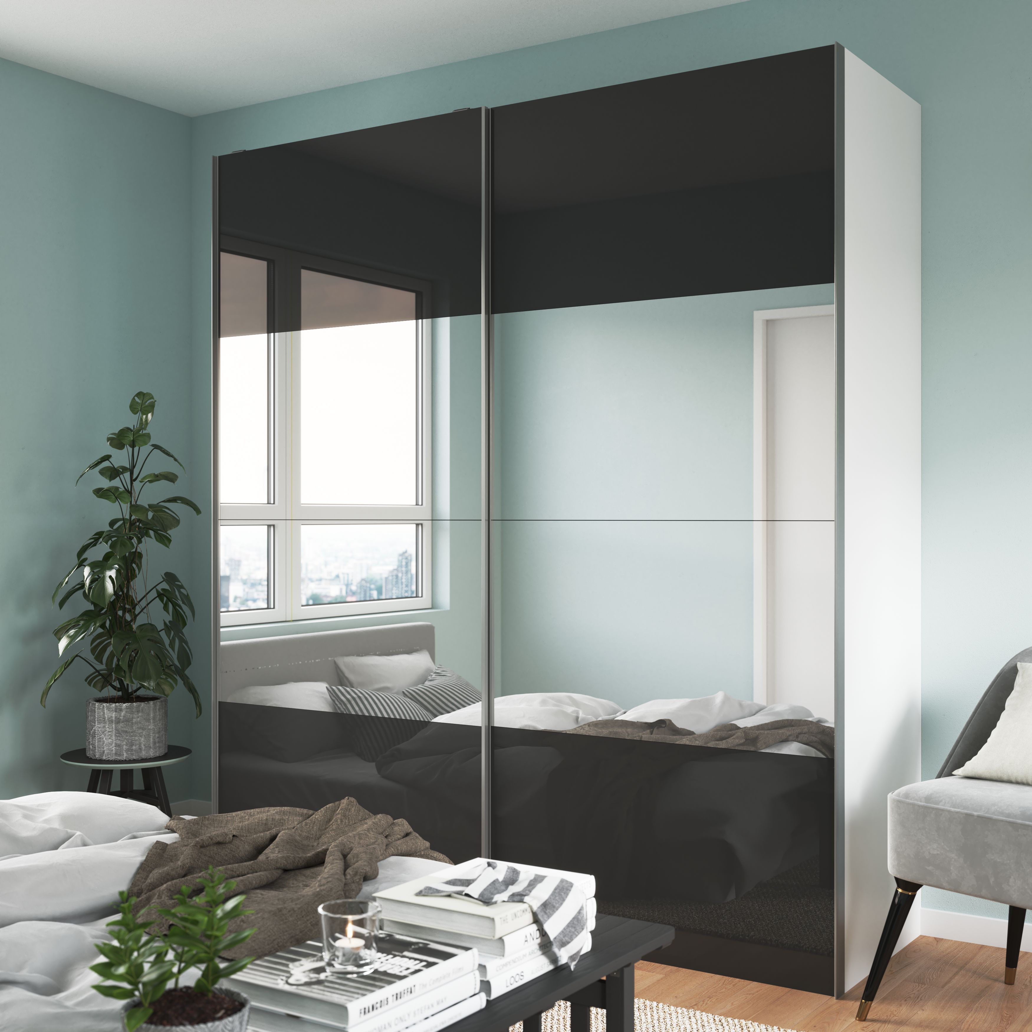 GoodHome Atomia Gloss Anthracite Sliding wardrobe door (H) 560mm x (W) 987mm, Pack of 4