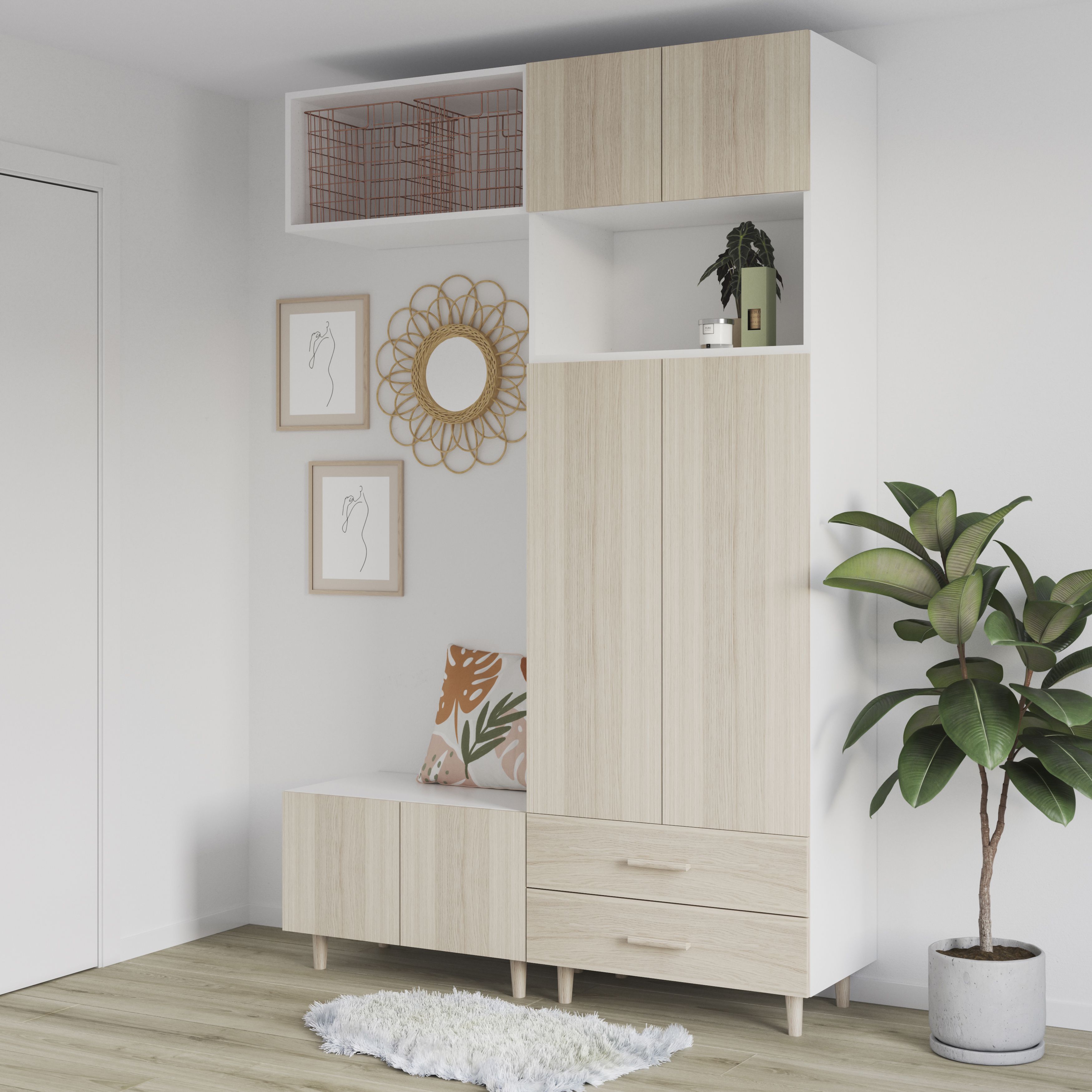 GoodHome Atomia White & neutral oak effect Hallway storage unit kit