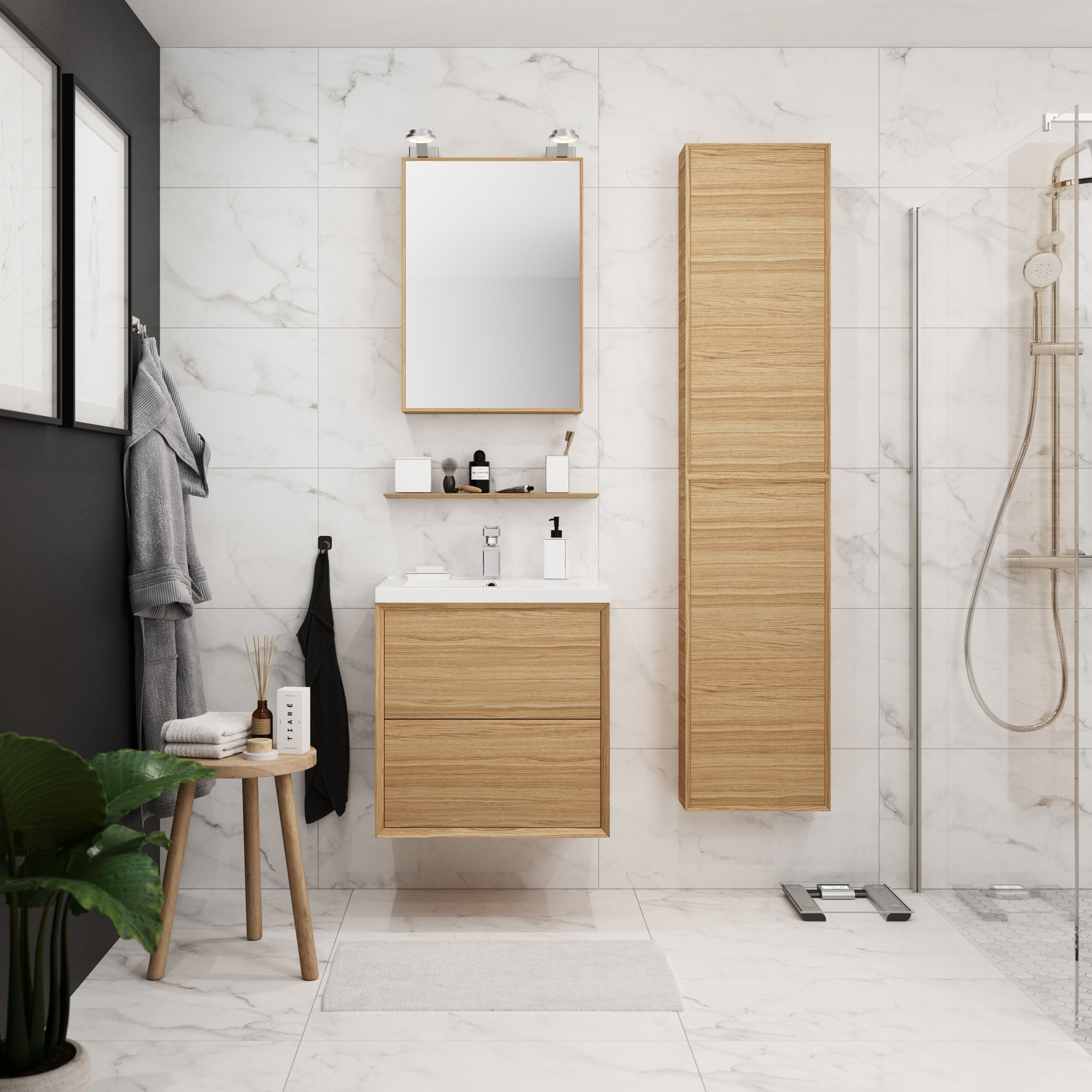 GoodHome Avela Matt Wood Oak effect Single Bathroom Cabinet with Mirrored door (H)700mm (W)500mm