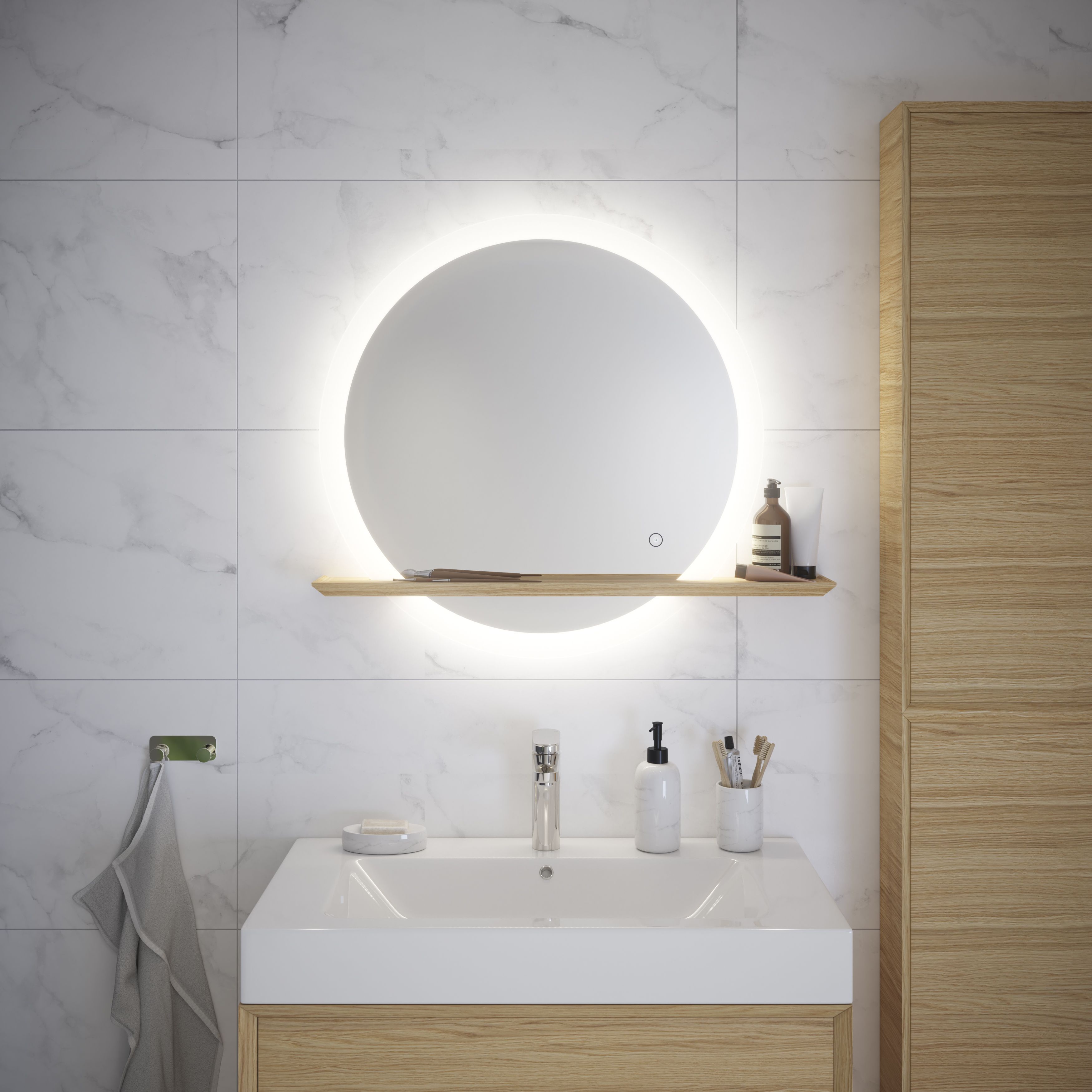 GoodHome Avela Oak Circular Wall-mounted Bathroom Illuminated Bathroom mirror (H)70cm (W)80cm