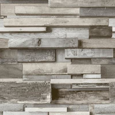 GoodHome Baddiley Grey Wood effect Textured Wallpaper