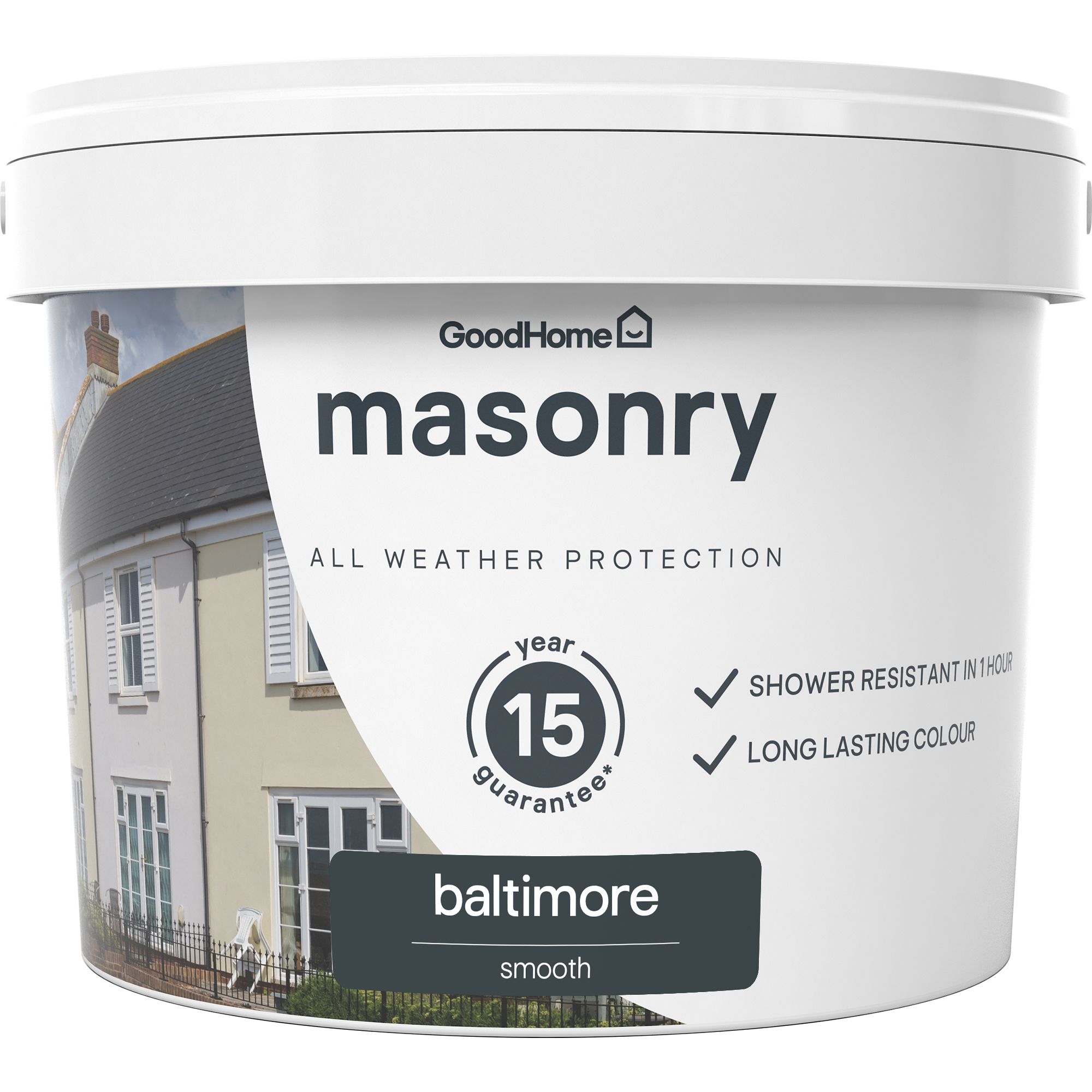 GoodHome Baltimore Smooth Matt Masonry paint, 10L Tin