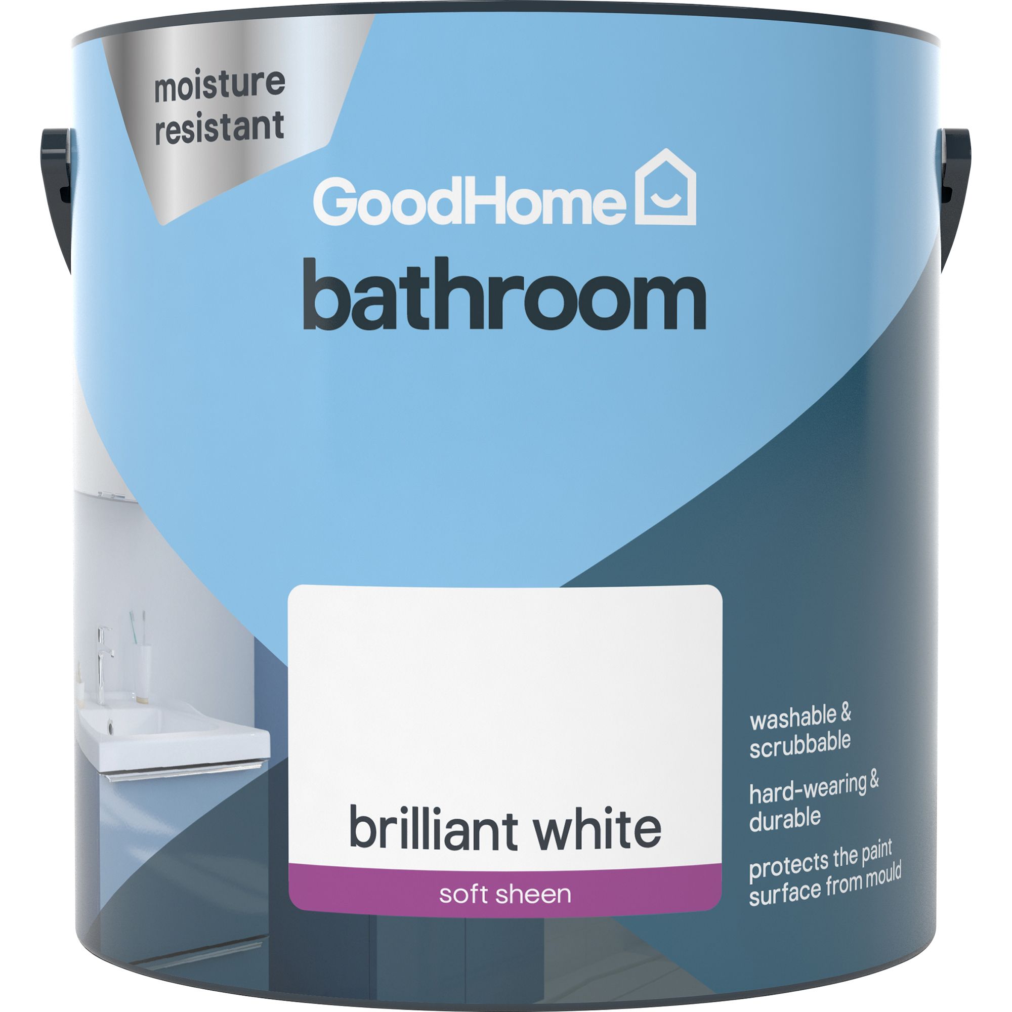GoodHome Bathroom Brilliant white Soft sheen Wall & ceiling Emulsion paint, 2.5L