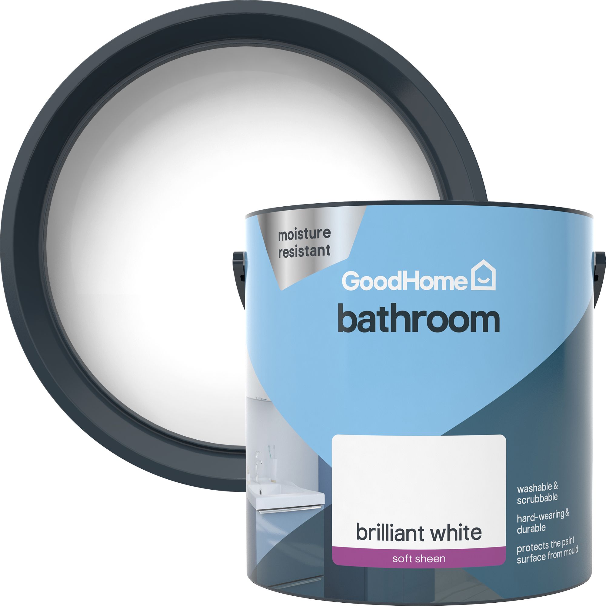 GoodHome Bathroom Brilliant white Soft sheen Wall & ceiling Emulsion paint, 2.5L