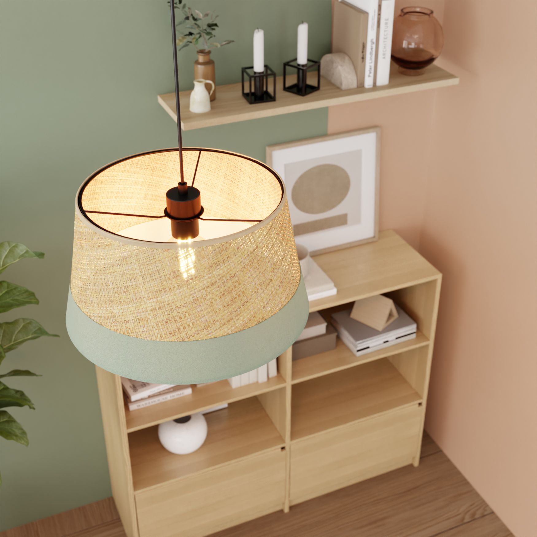 GoodHome Bellbird Green & Natural Round Lamp shade (D)38cm