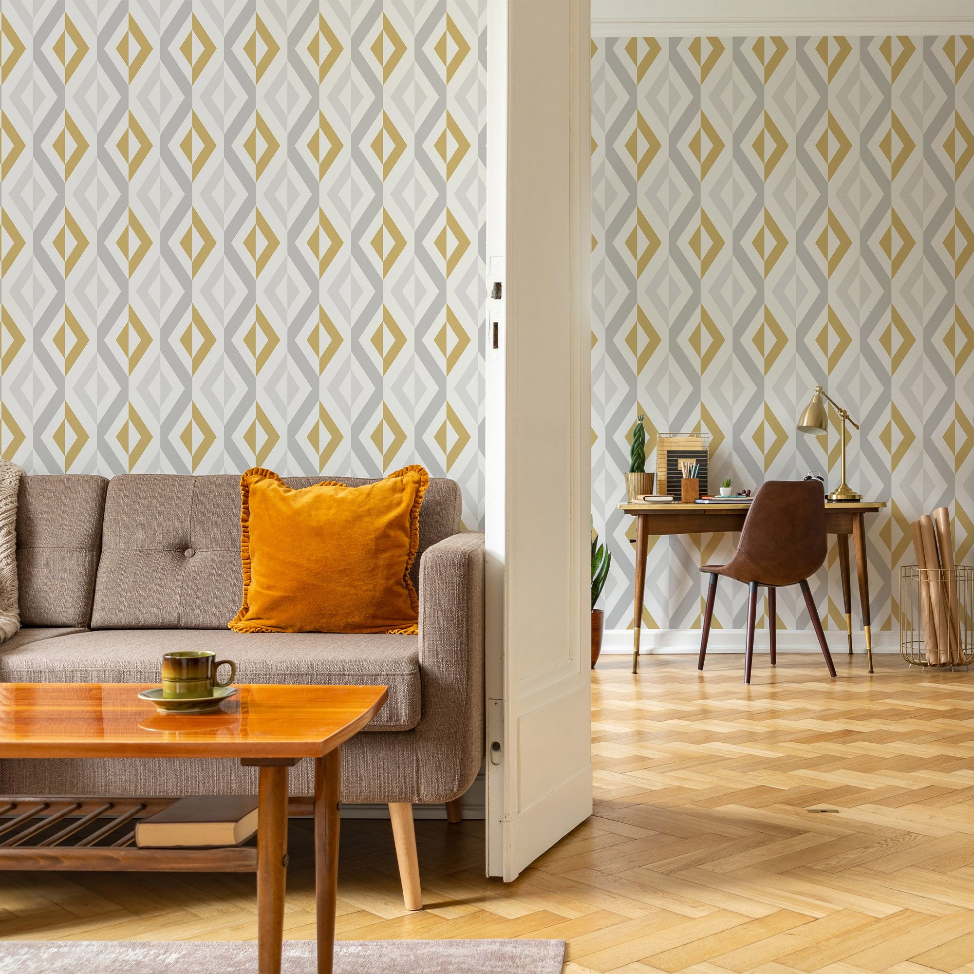 GoodHome Beril Grey & ochre Gold effect Geometric Textured Wallpaper