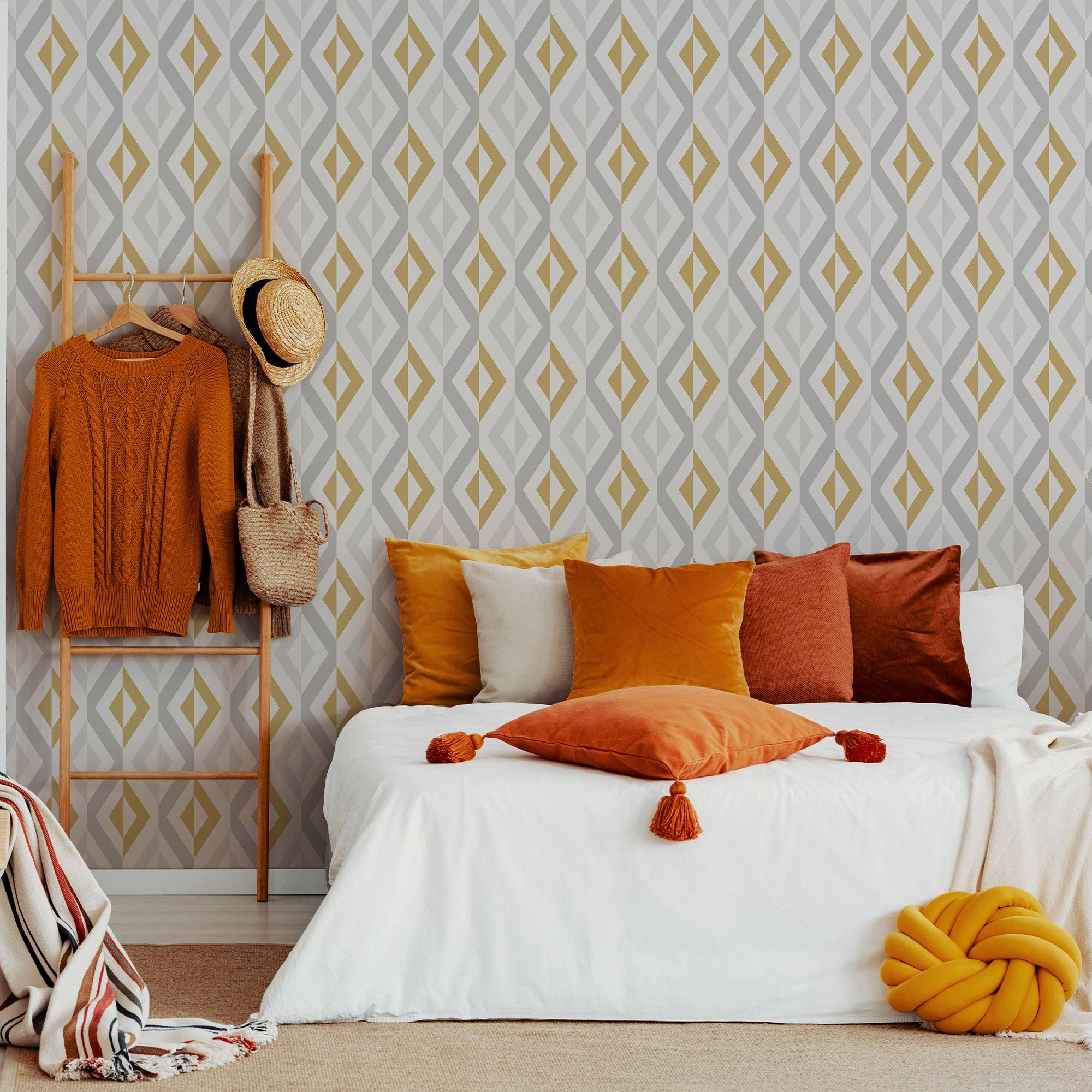 GoodHome Beril Grey & ochre Gold effect Geometric Textured Wallpaper