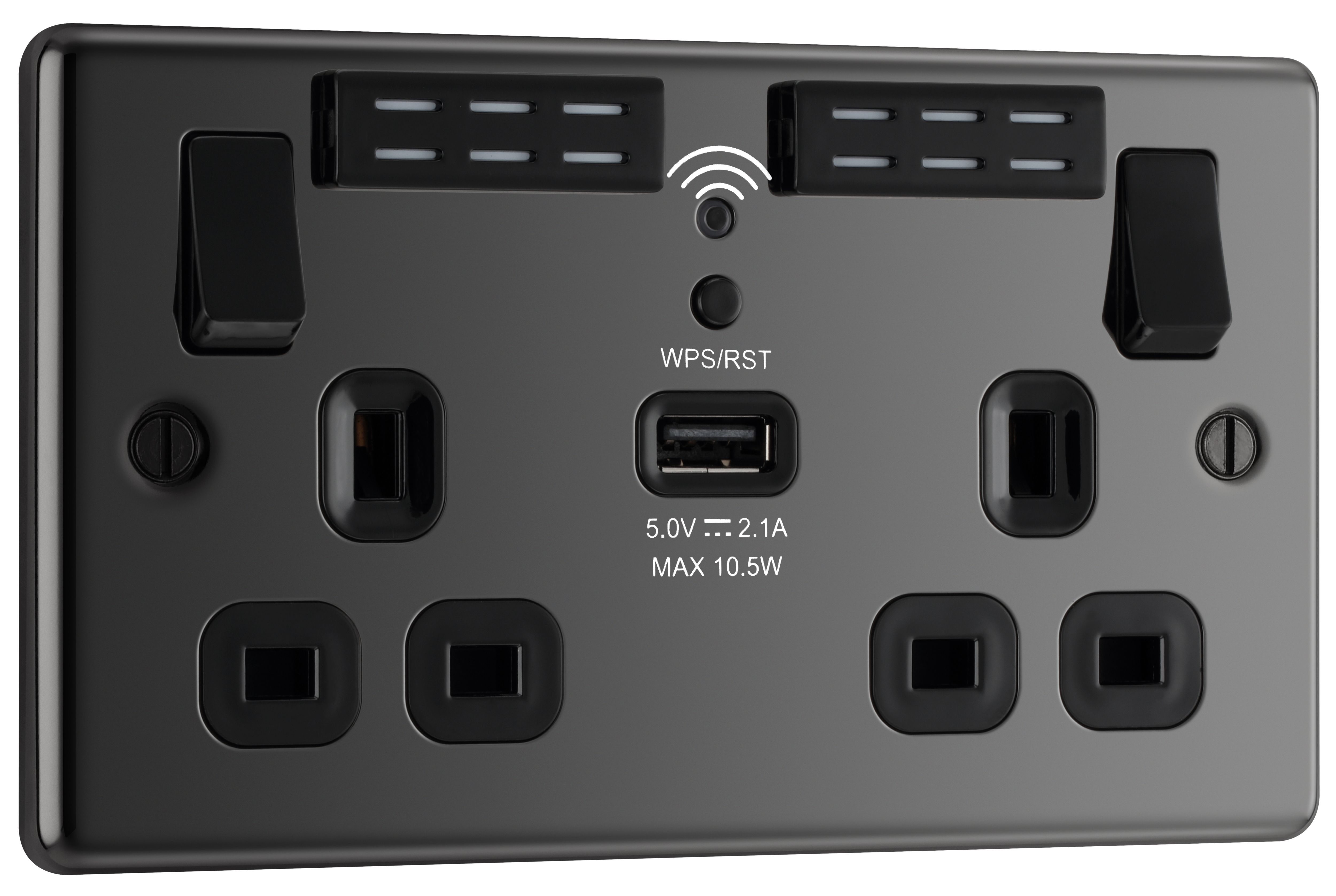 GoodHome Black Nickel 13A Switched Double WiFi extender socket with USB
