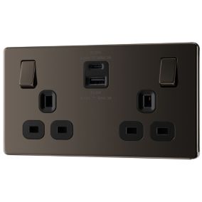 GoodHome Black Nickel Double 13A Flat Switched Socket with USB, x2 & Black inserts