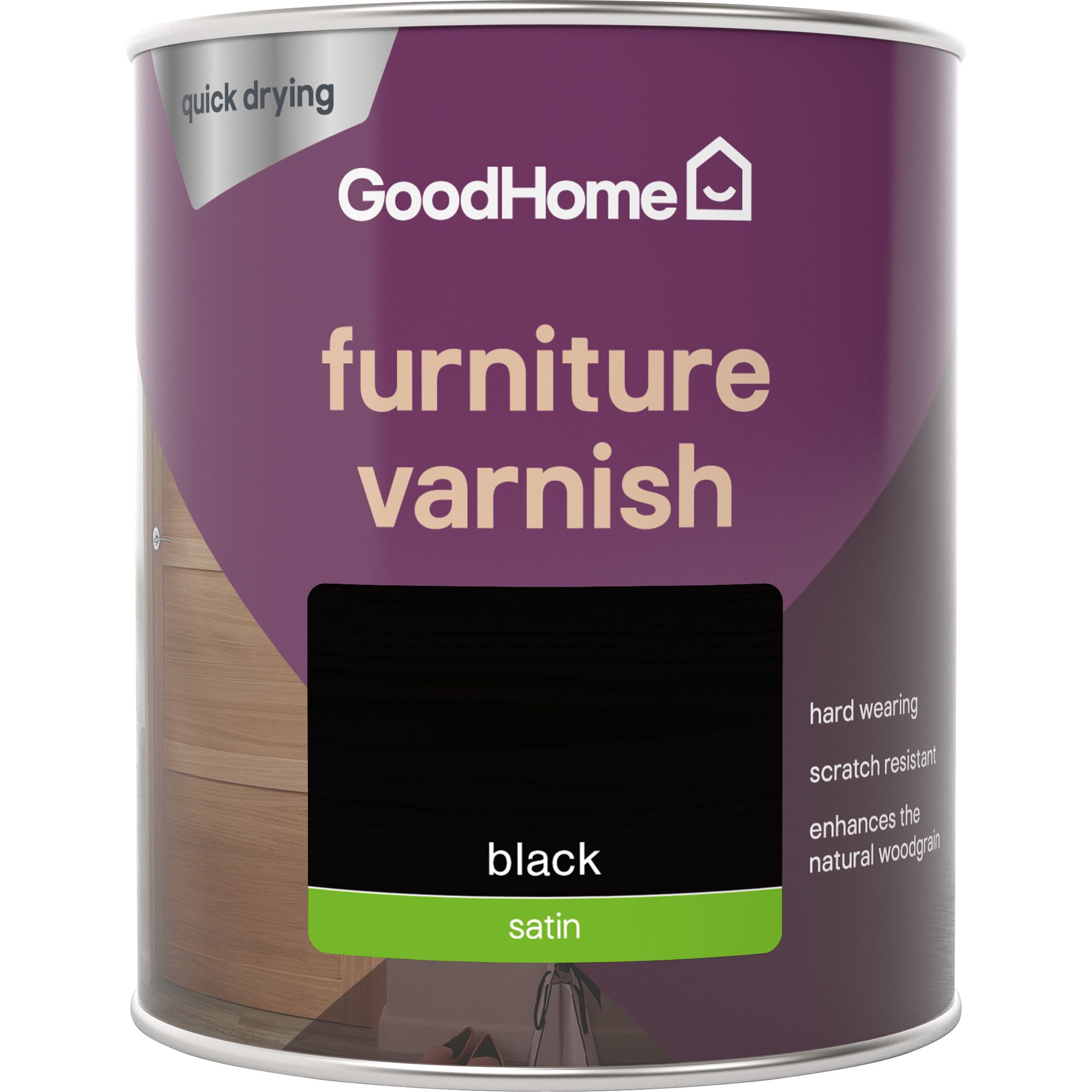 GoodHome Black Satin Multi-surface Furniture Wood varnish, 750ml
