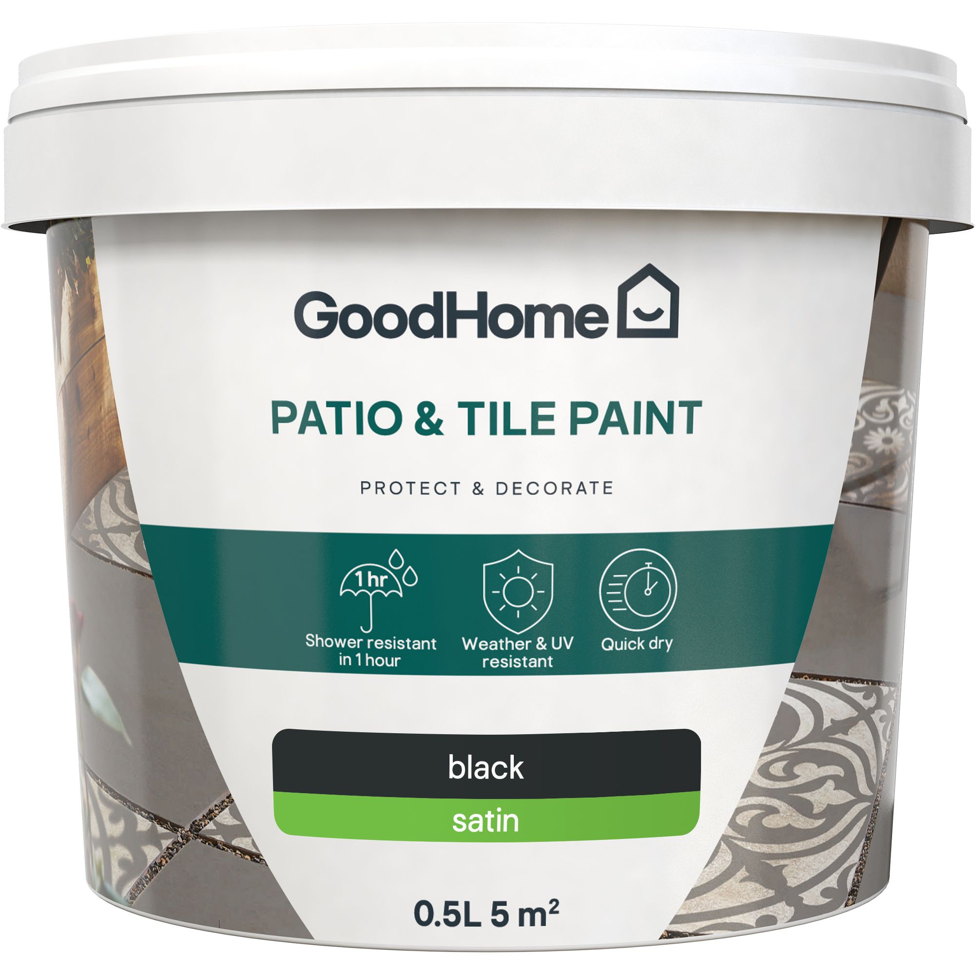 GoodHome Black Satin Patio & tile paint, 500ml Tin