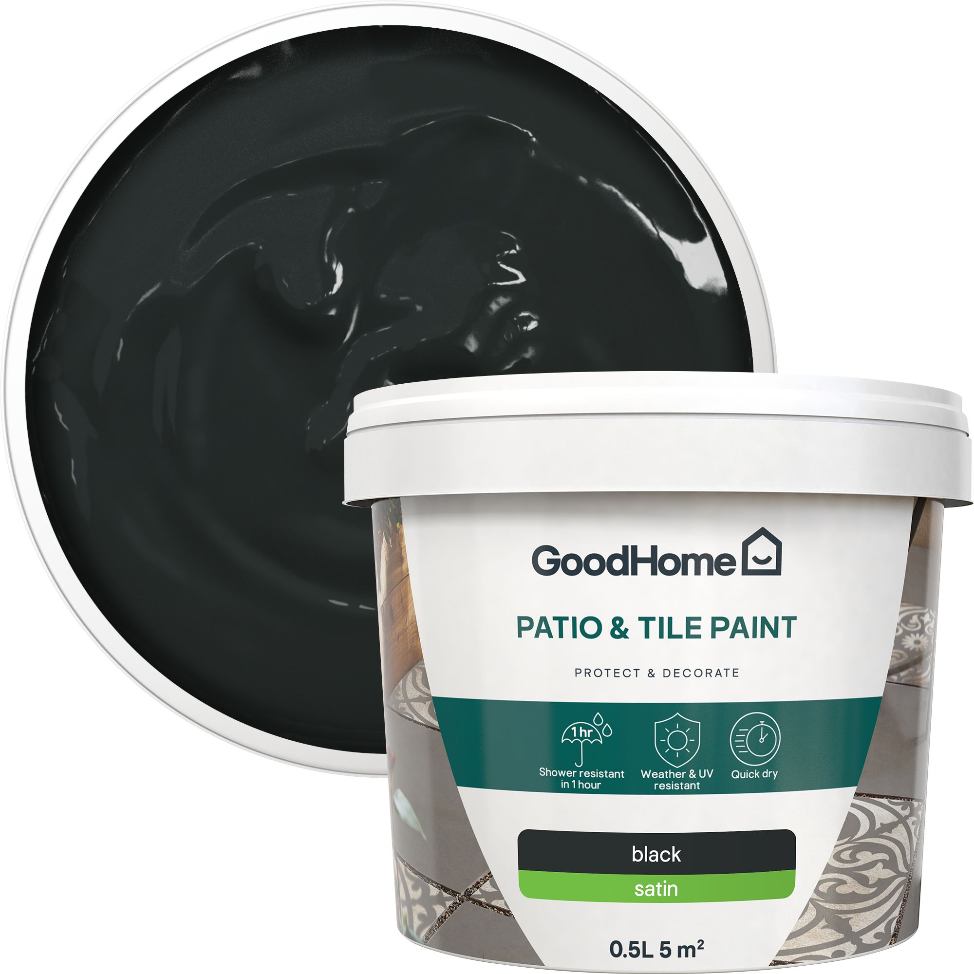 GoodHome Black Satin Patio & tile paint, 500ml Tin