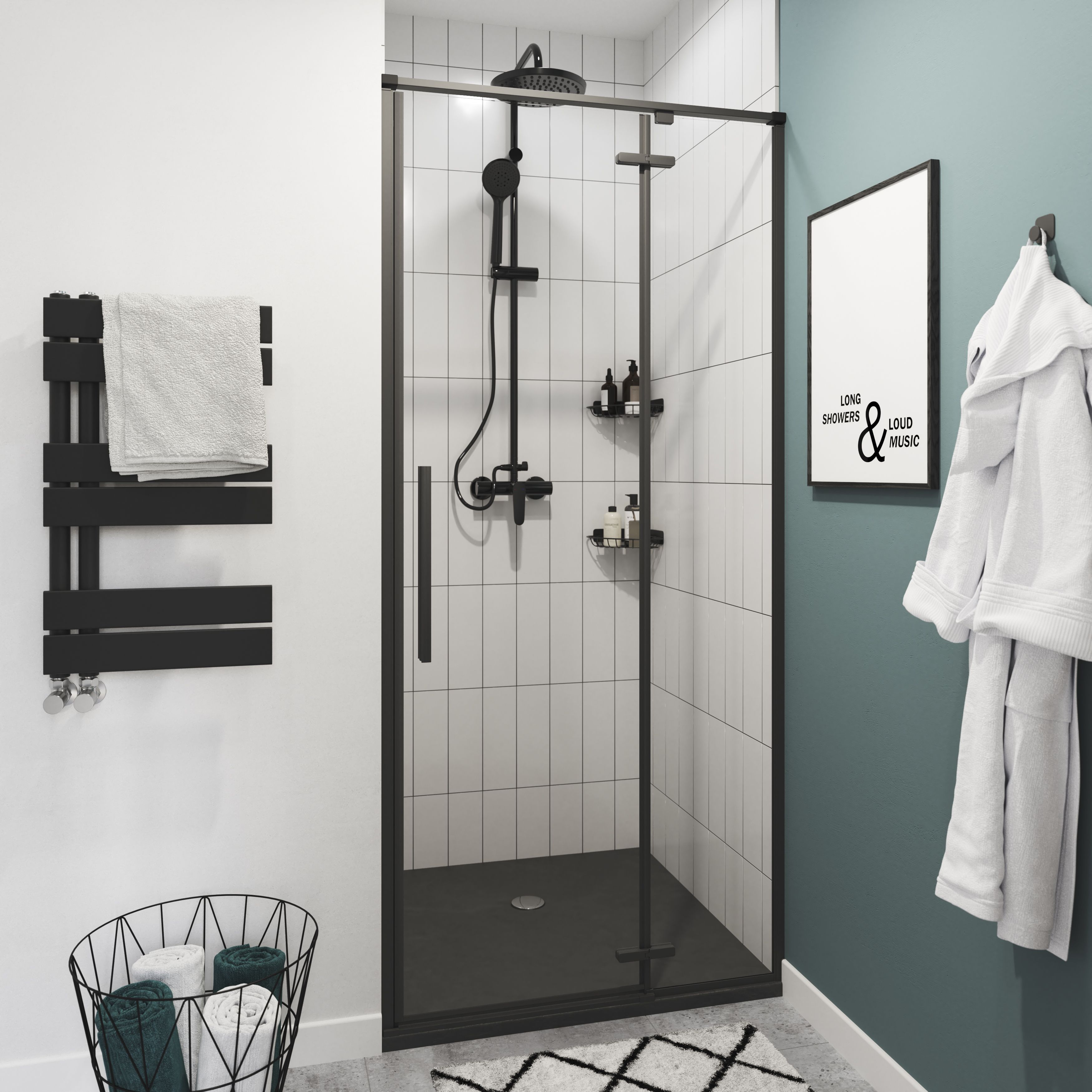 GoodHome Boxwood, Matt Black Vertical Flat Towel radiator (W)400mm x (H)700mm