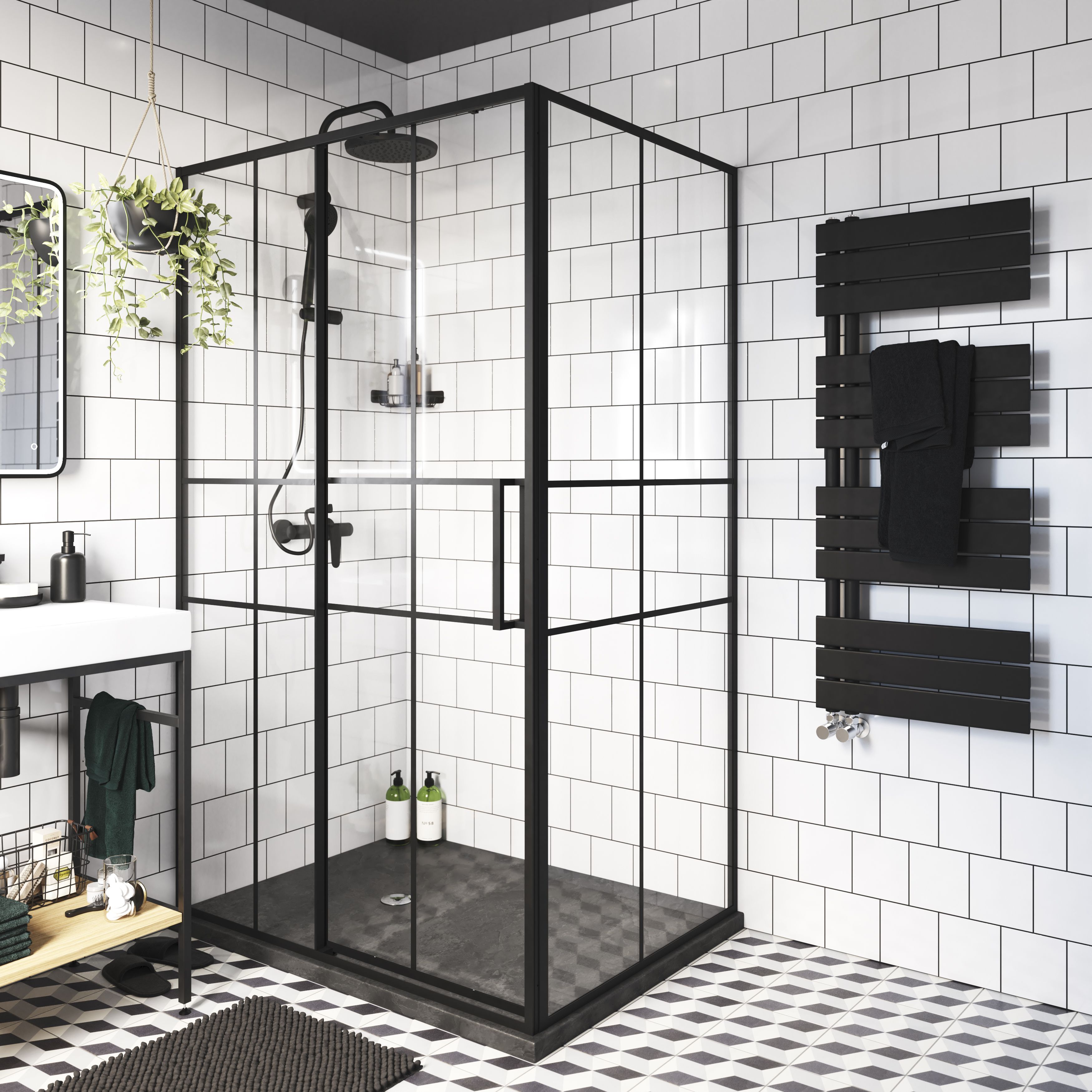 GoodHome Boxwood, Matt Black Vertical Flat Towel radiator (W)500mm x (H)1200mm