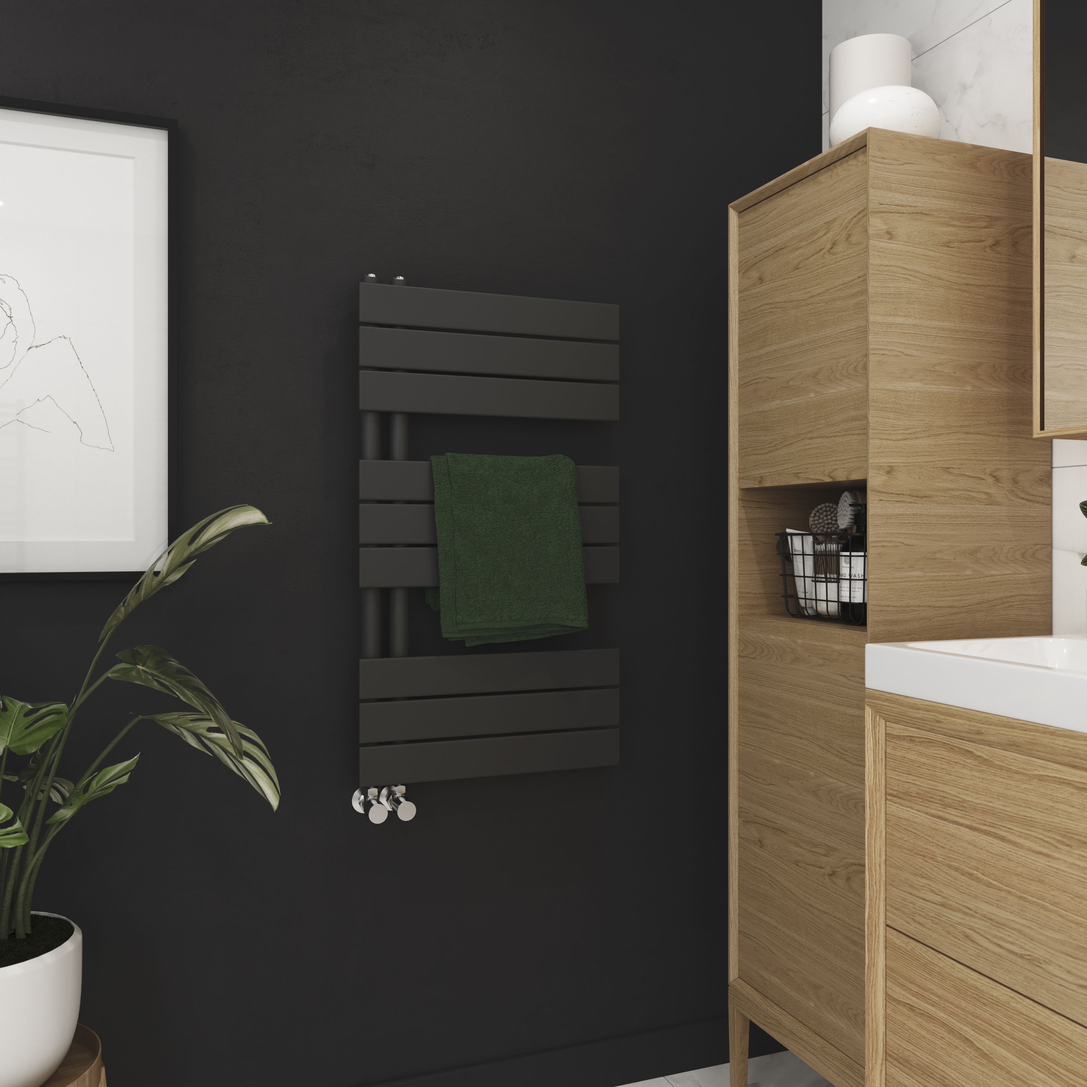 GoodHome Boxwood, Matt Black Vertical Flat Towel radiator (W)500mm x (H)900mm