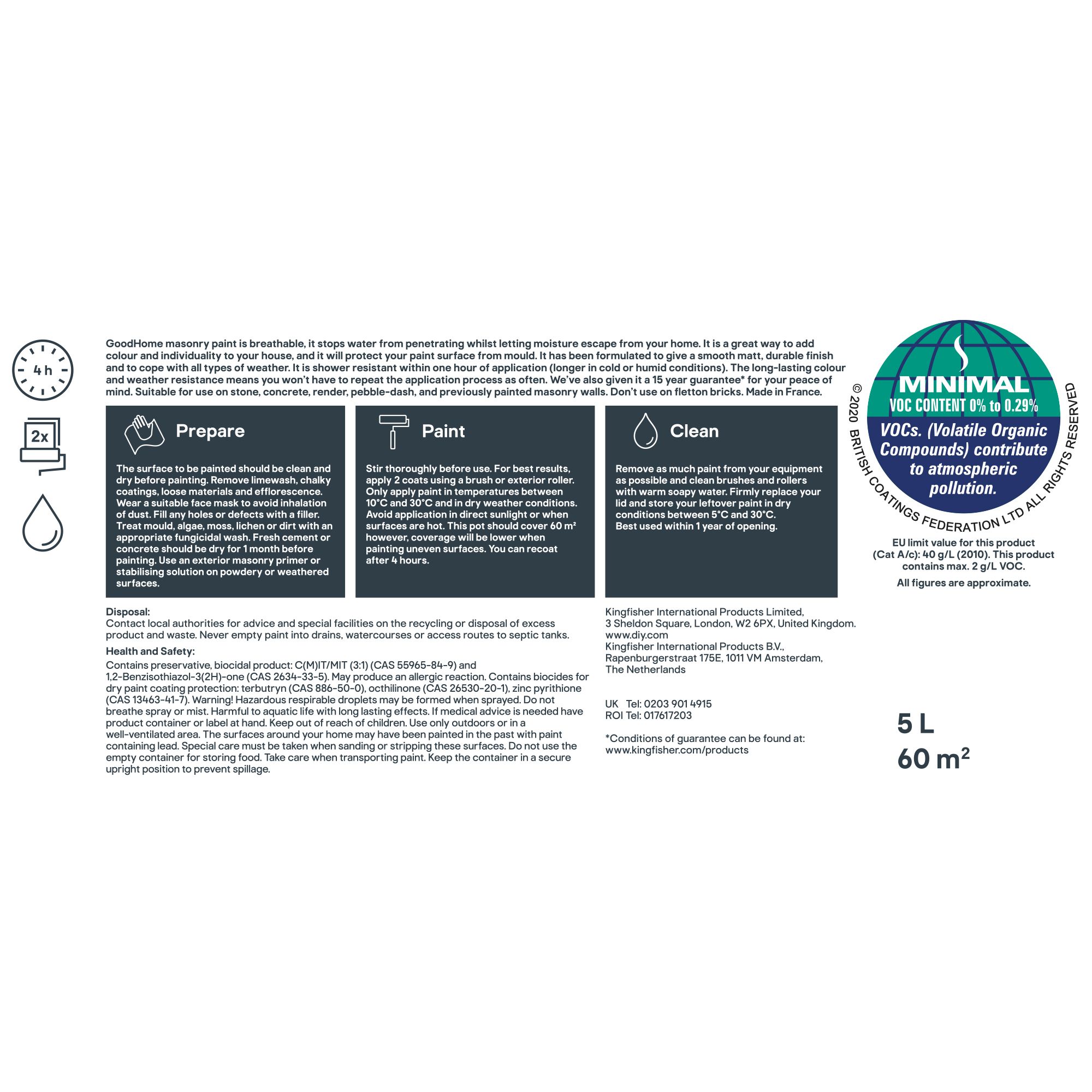 GoodHome Bray Smooth Matt Masonry paint, 5L Tub