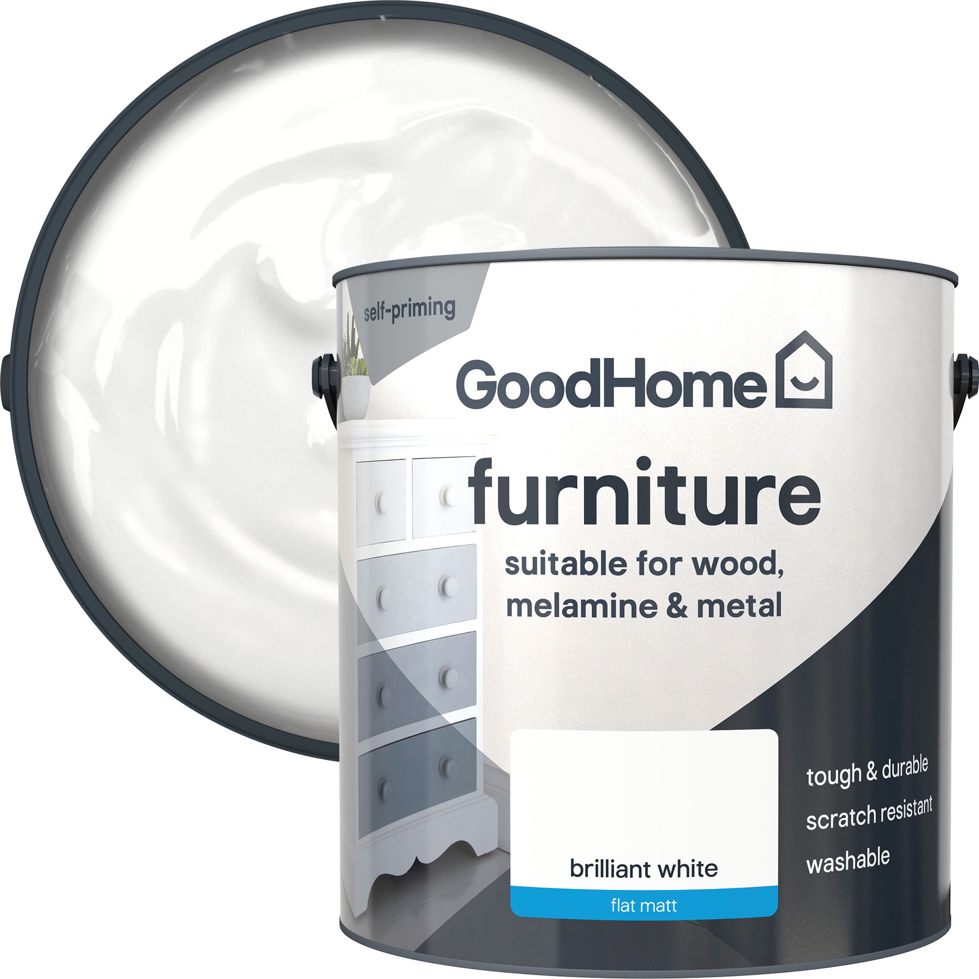 GoodHome Brilliant white Flat matt Furniture paint, 2L