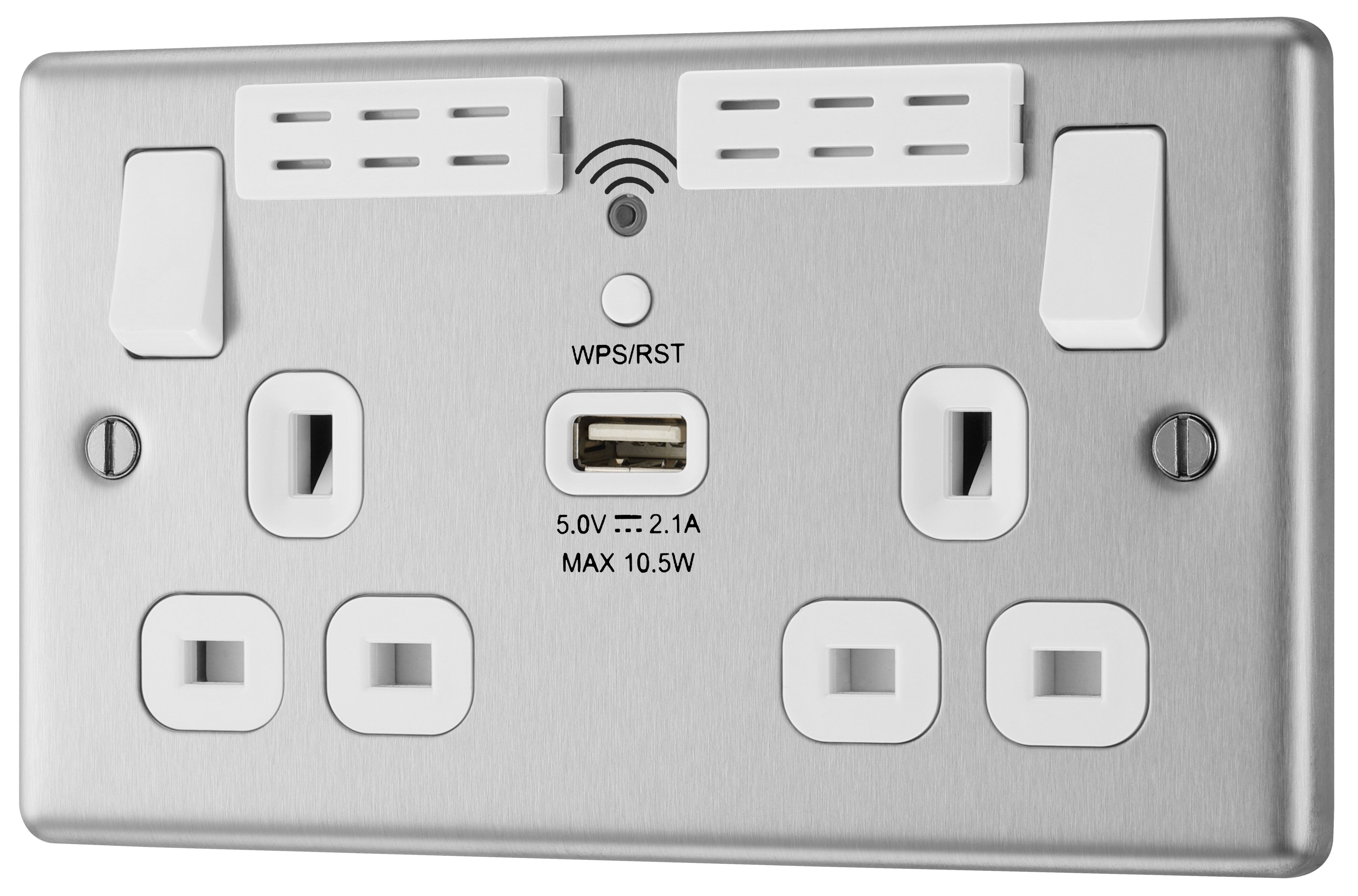 GoodHome Brushed Steel 13A Switched Double WiFi extender socket with USB