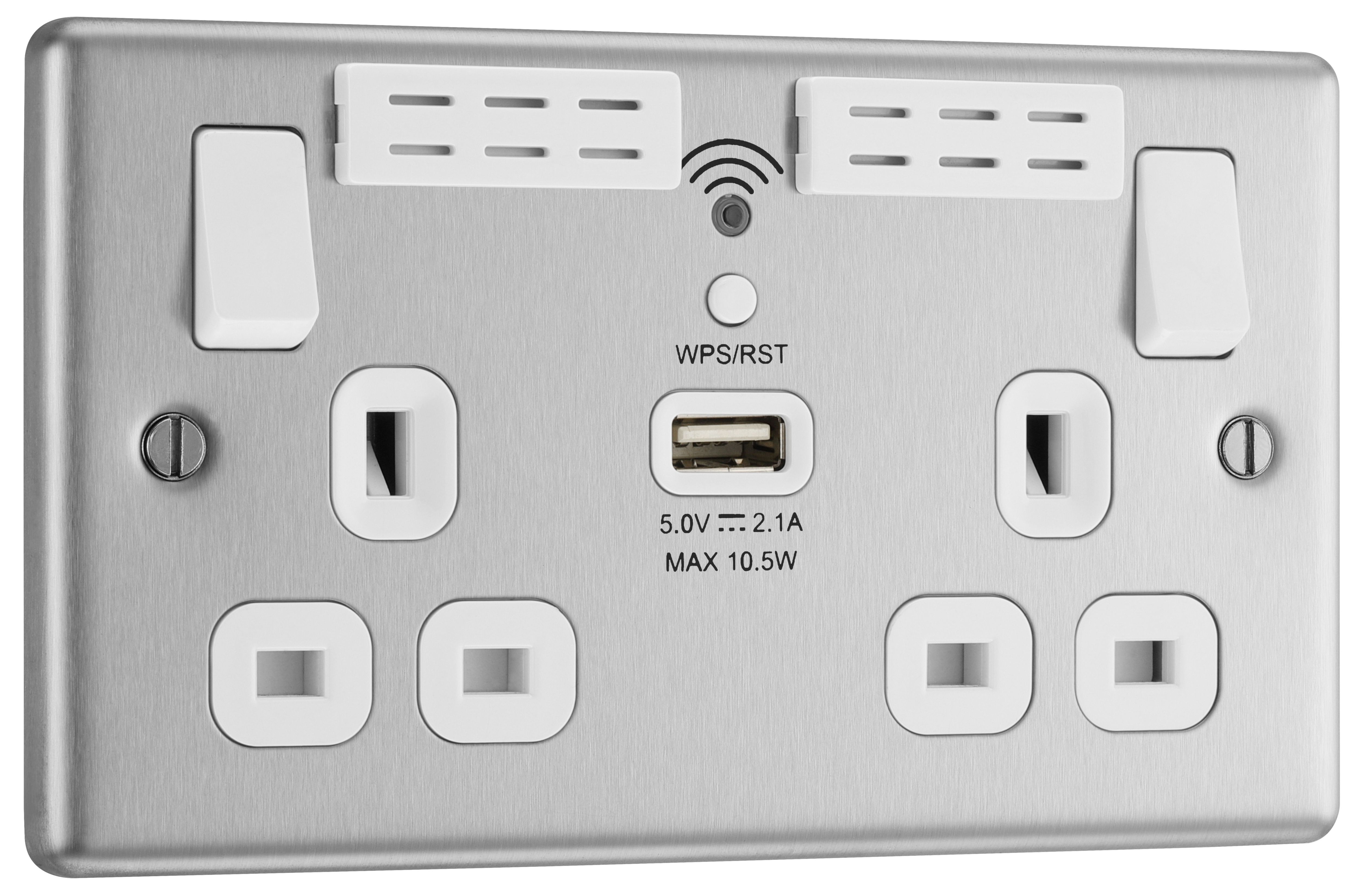 GoodHome Brushed Steel 13A Switched Double WiFi extender socket with USB