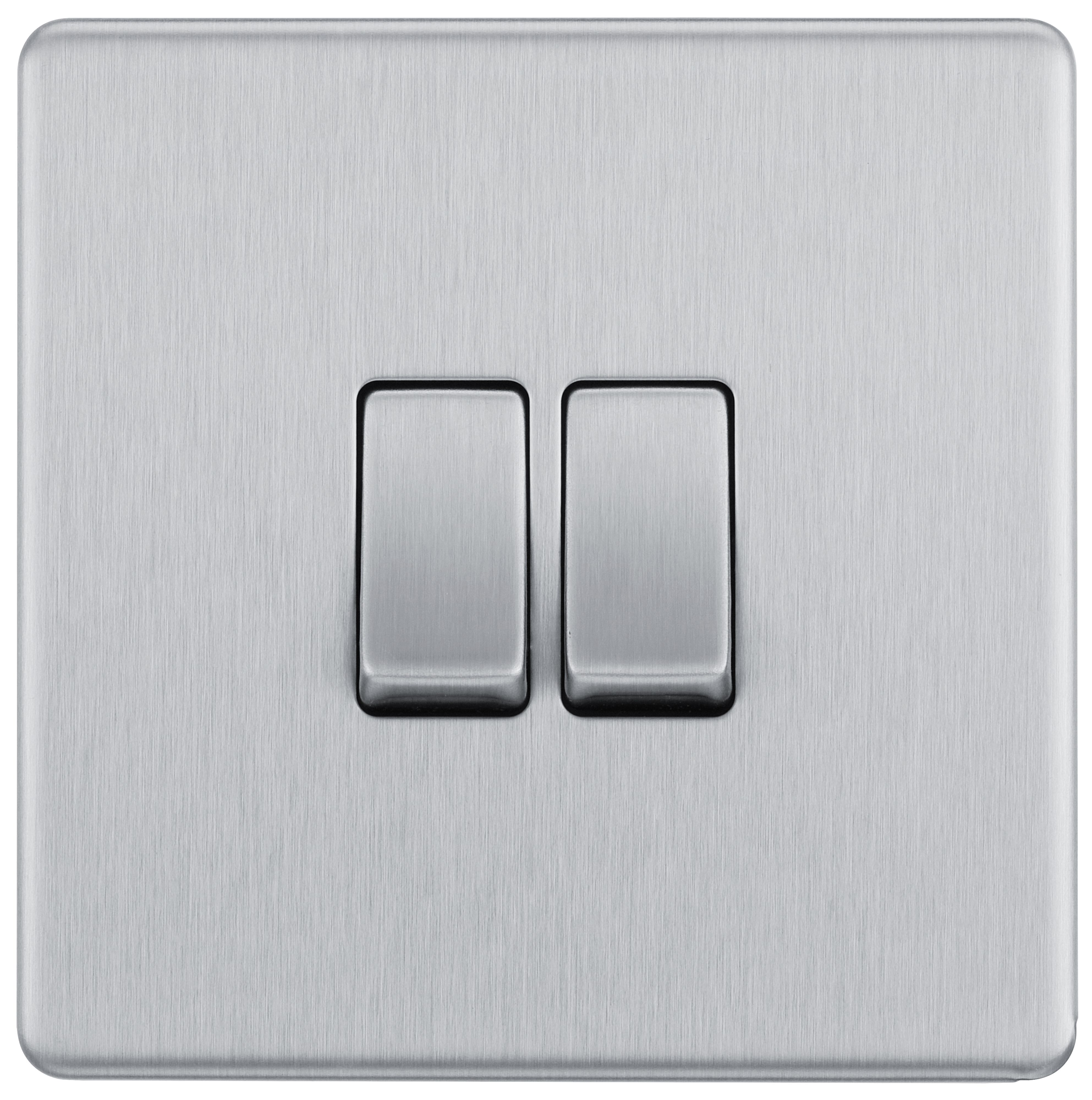 GoodHome Brushed Steel 20A 2 way 2 gang Light Screwless Switch