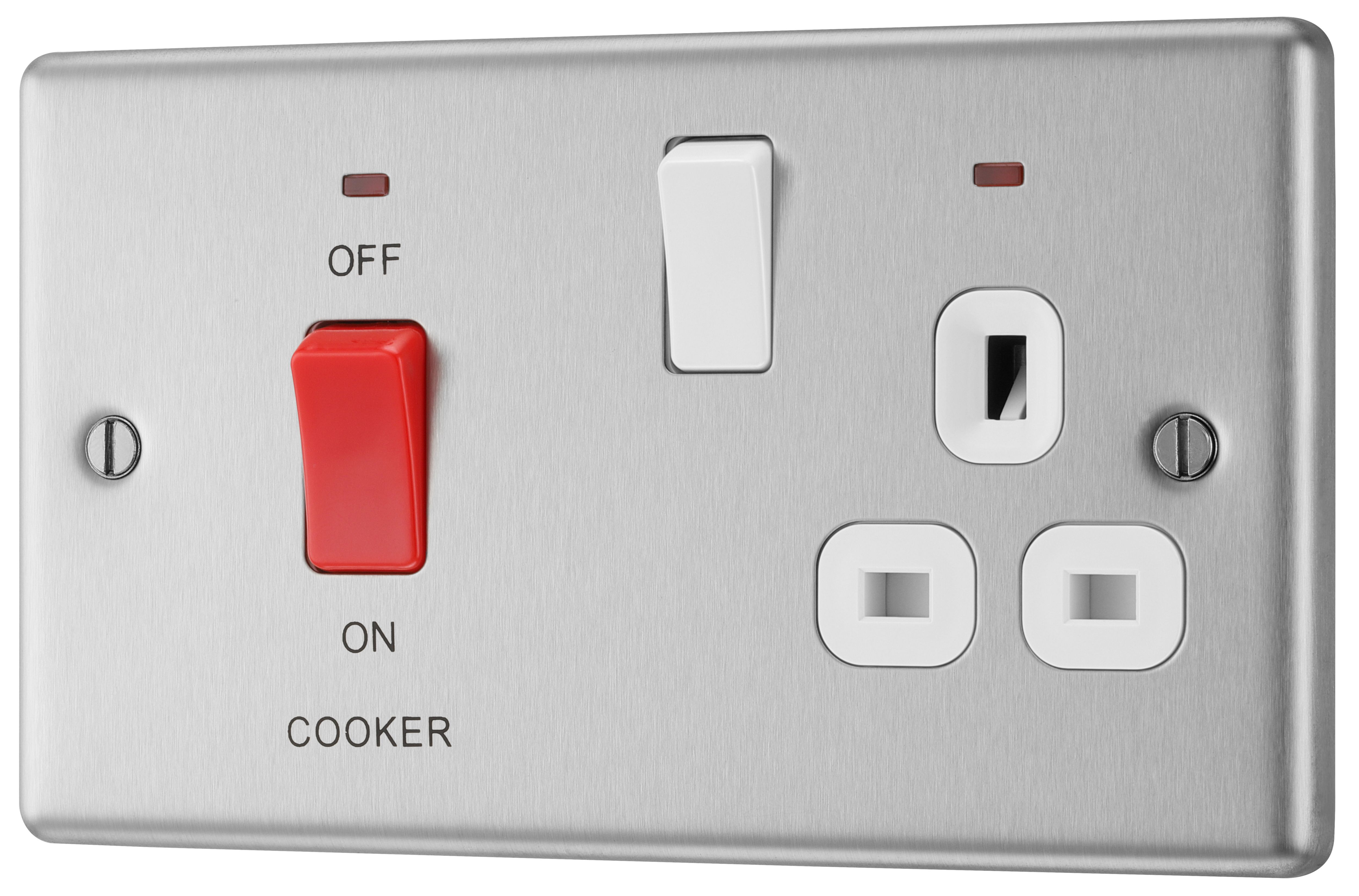 GoodHome Brushed Steel Cooker switch & socket with neon & White inserts