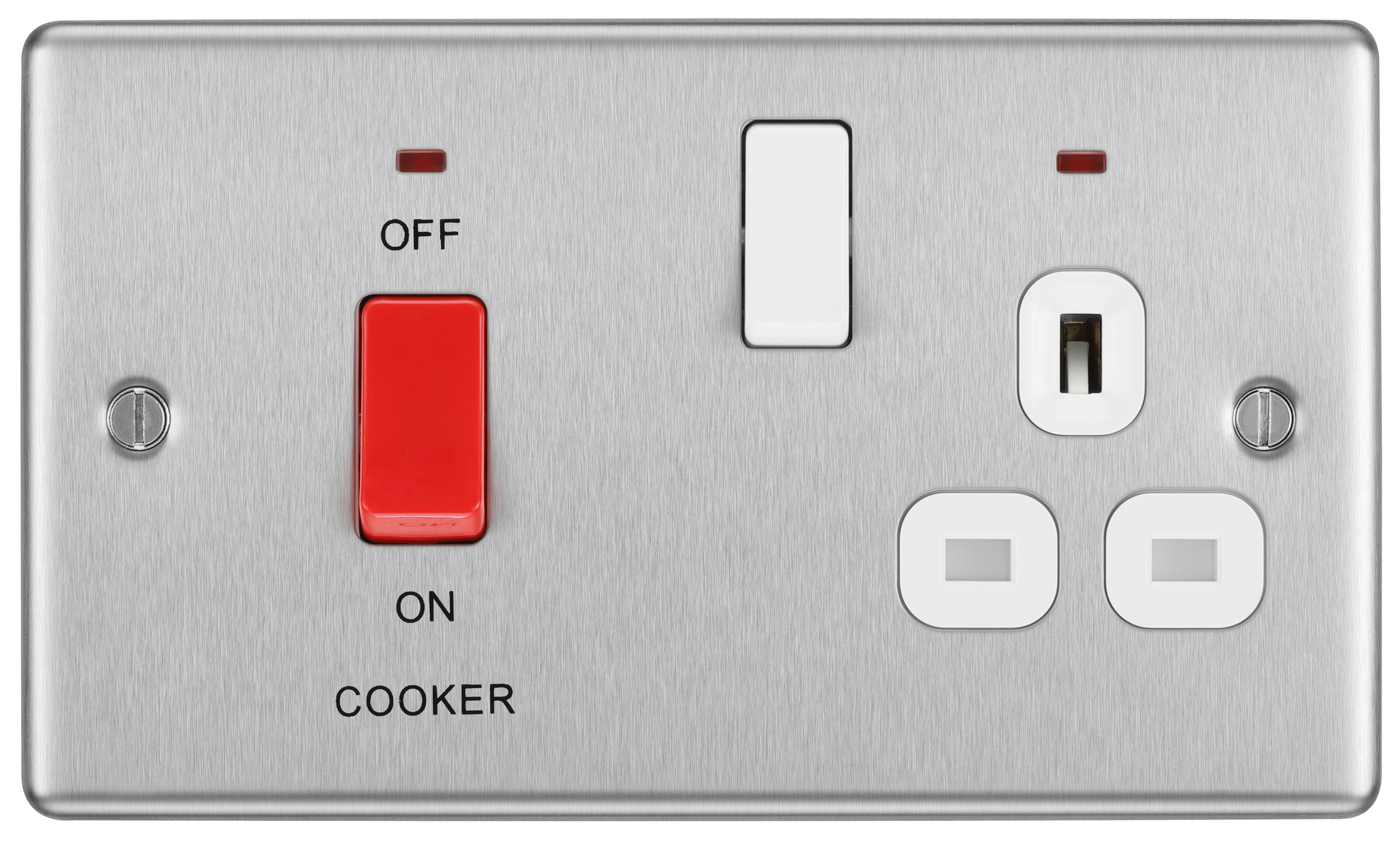 GoodHome Brushed Steel Cooker switch & socket with neon & White inserts