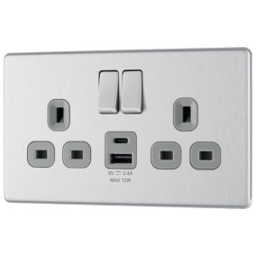 GoodHome Brushed Steel Double 13A Flat Switched Screwless Socket with USB, x2 & Grey inserts