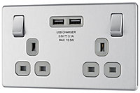 GoodHome Brushed Steel Double 13A Screwless Switched Socket with USB x2 3.1A & Grey inserts