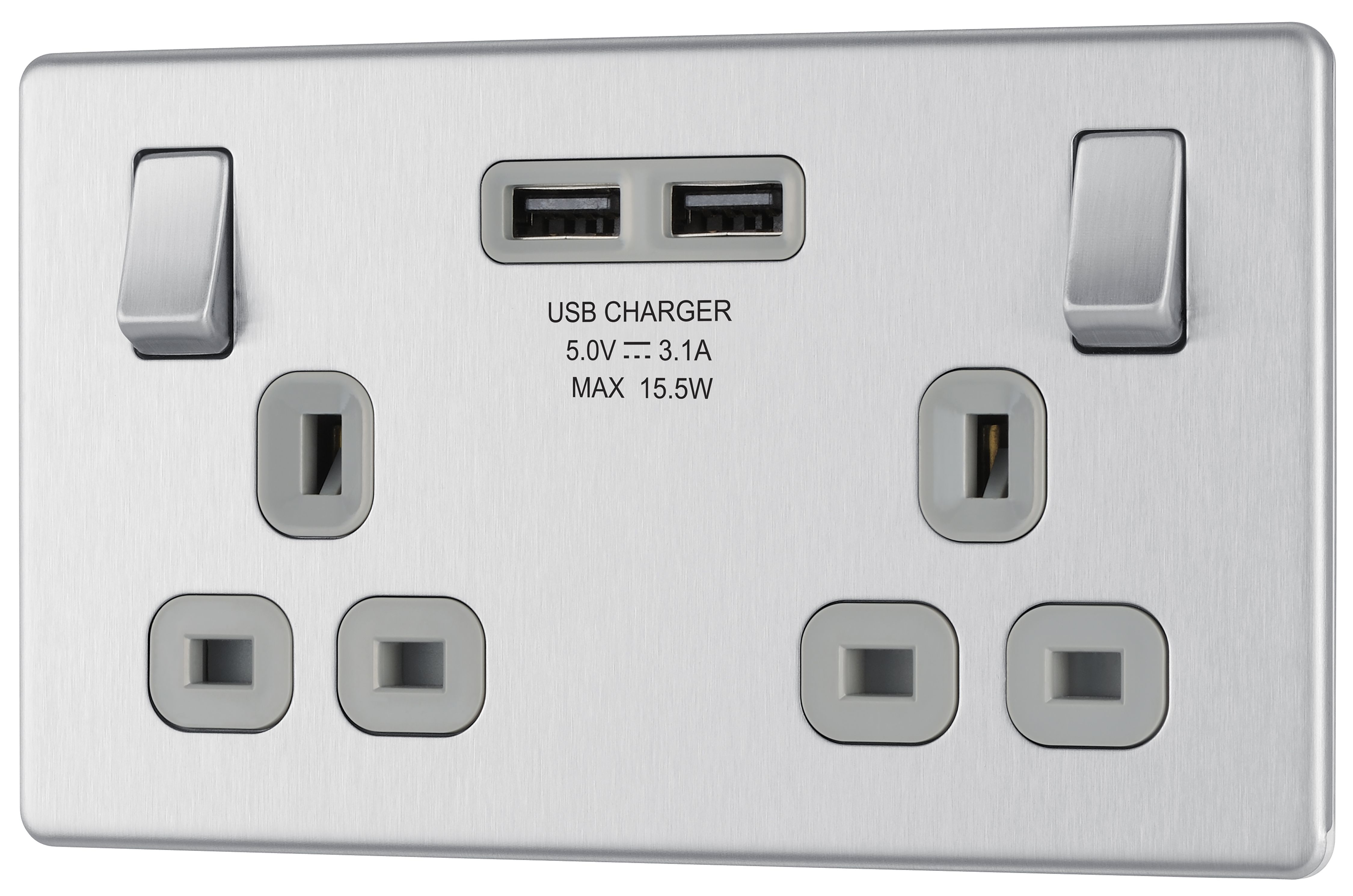 GoodHome Brushed Steel Double 13A Screwless Switched Socket with USB x2 3.1A & Grey inserts