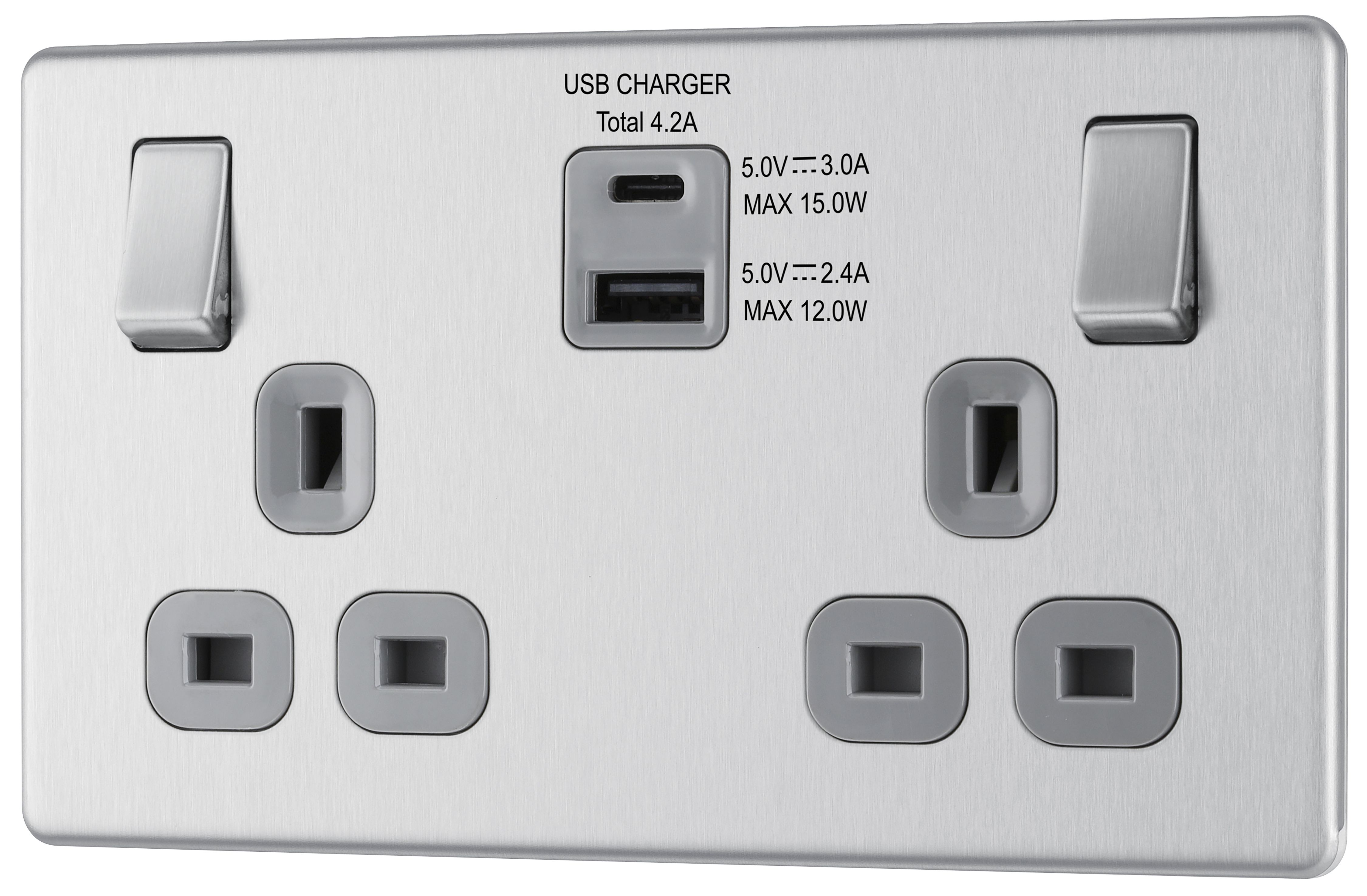 GoodHome Brushed Steel Double 13A Screwless Switched Socket with USB x2 4.2A & Grey inserts