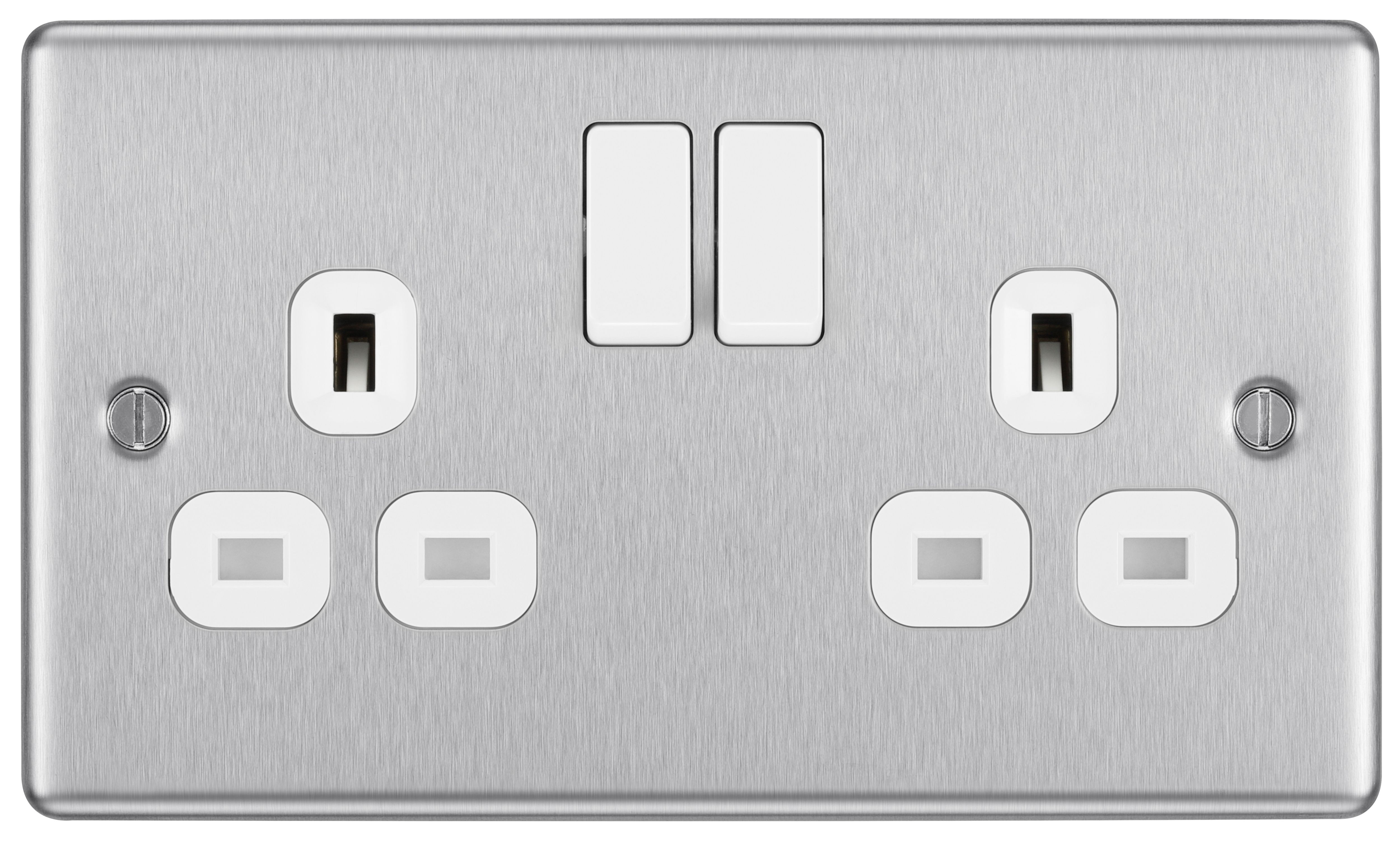 GoodHome Brushed Steel Double 13A Switched socket & White inserts, Pack of 5