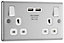 GoodHome Brushed Steel Double 13A Switched Socket with USB x2 3.1A & White inserts