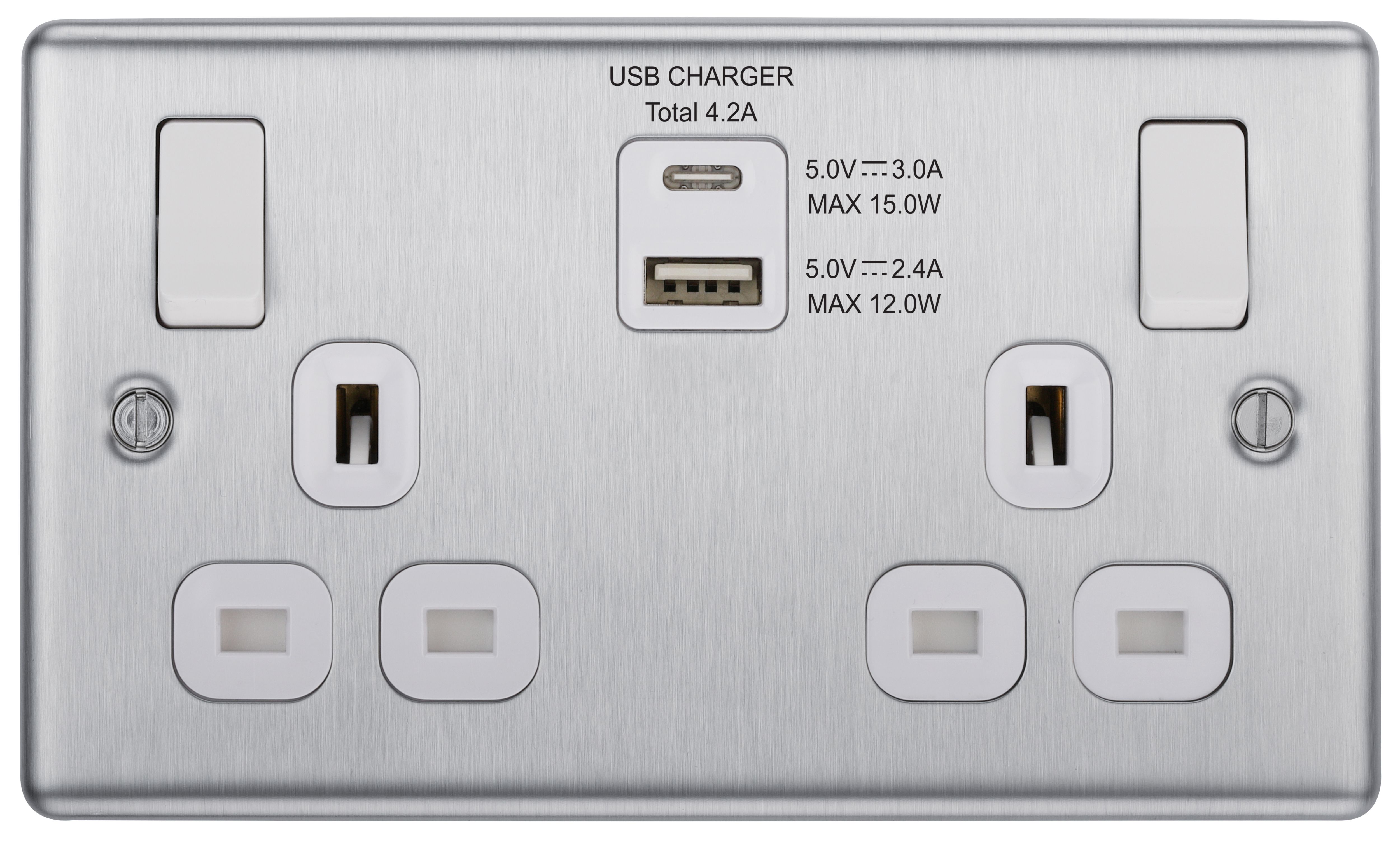 GoodHome Brushed Steel Double 13A Switched Socket with USB x2 4.2A & White inserts