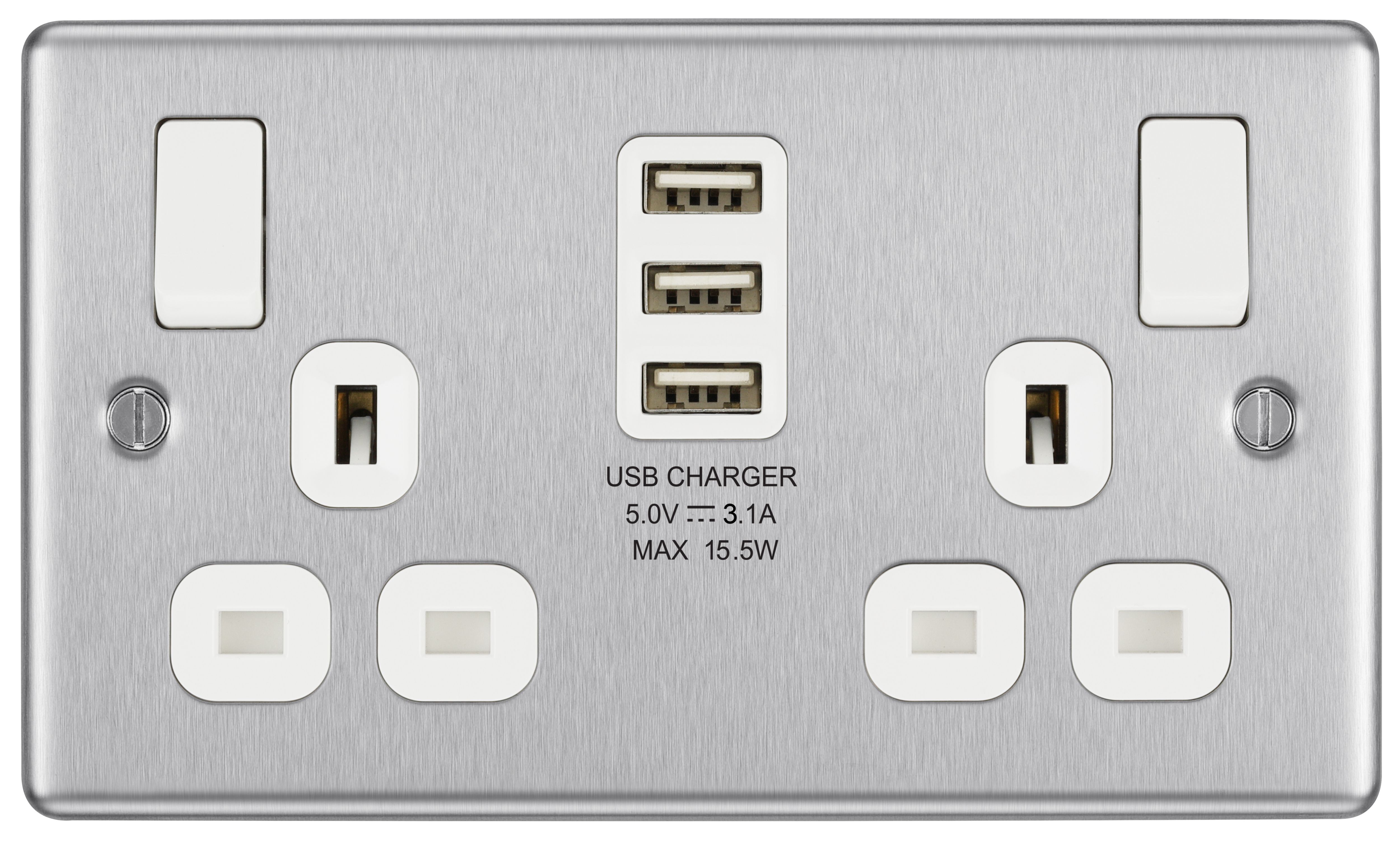 GoodHome Brushed Steel Double 13A Switched Socket with USB x3 & White inserts