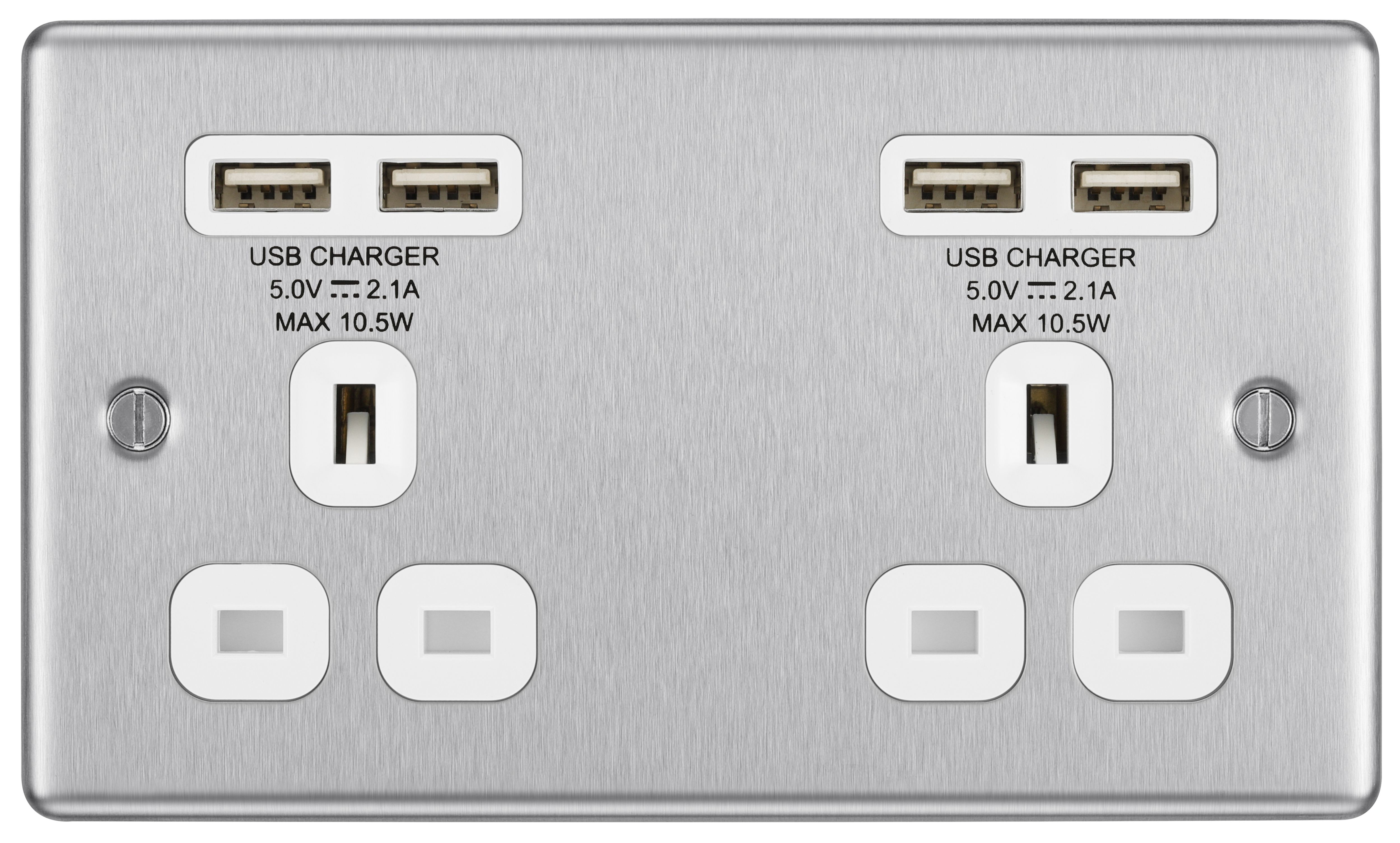 GoodHome Brushed Steel Double 13A Unswitched Socket with USB x4 & White inserts