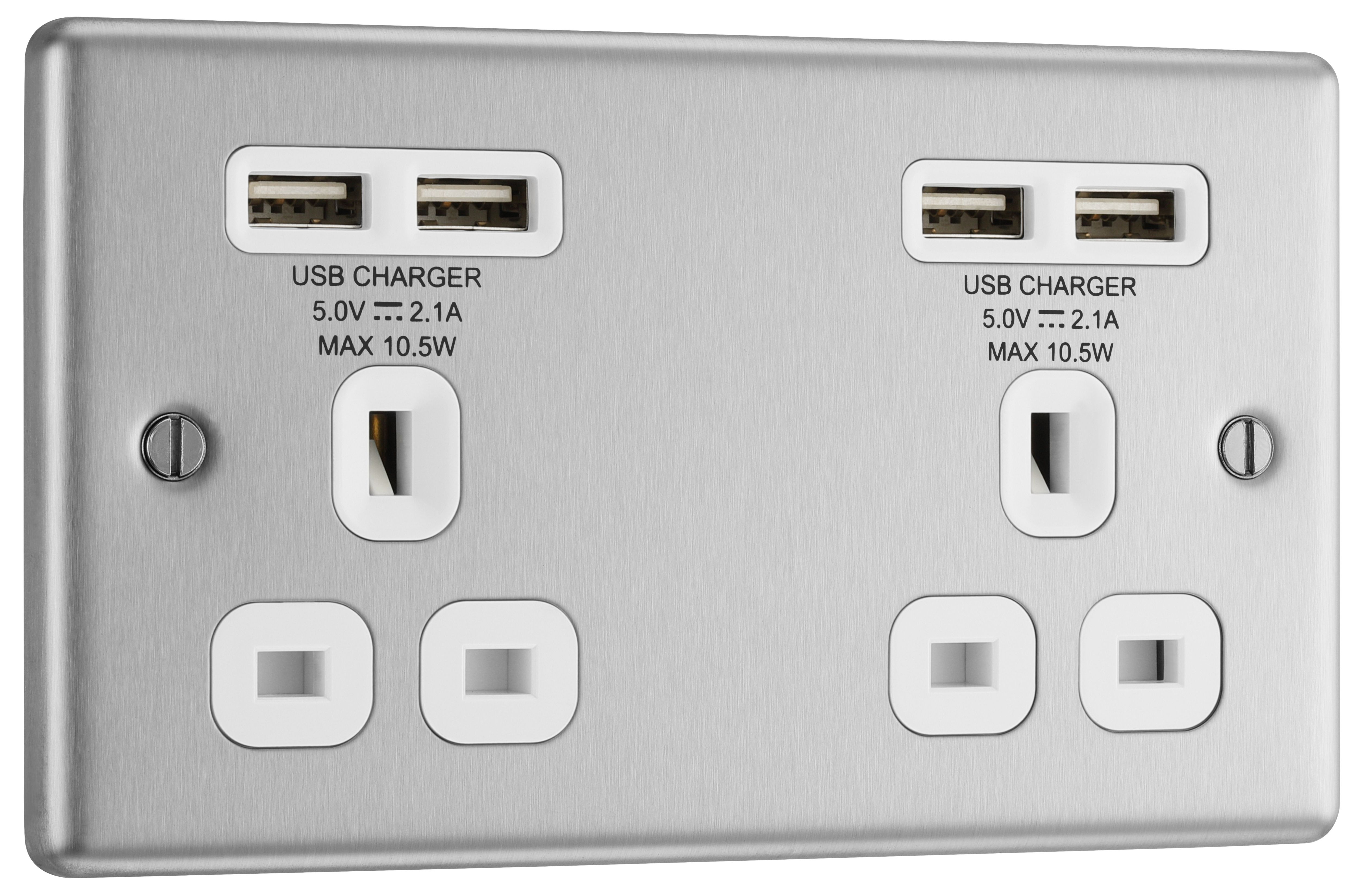 GoodHome Brushed Steel Double 13A Unswitched Socket with USB x4 & White inserts