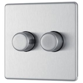GoodHome Brushed Steel profile Double 2 way 400W Screwless Dimmer switch