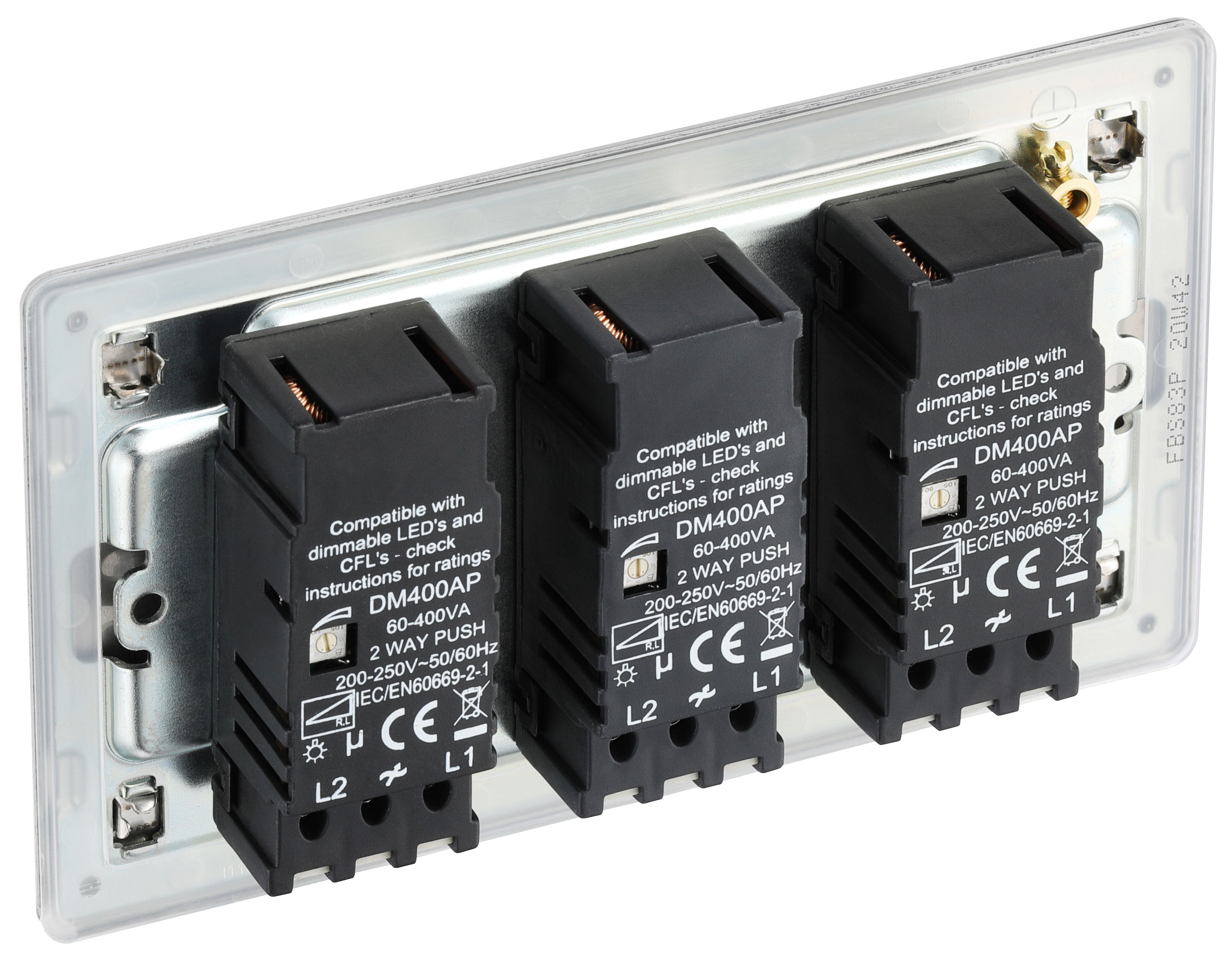 GoodHome Brushed Steel profile Triple 2 way 400W Screwless Dimmer switch