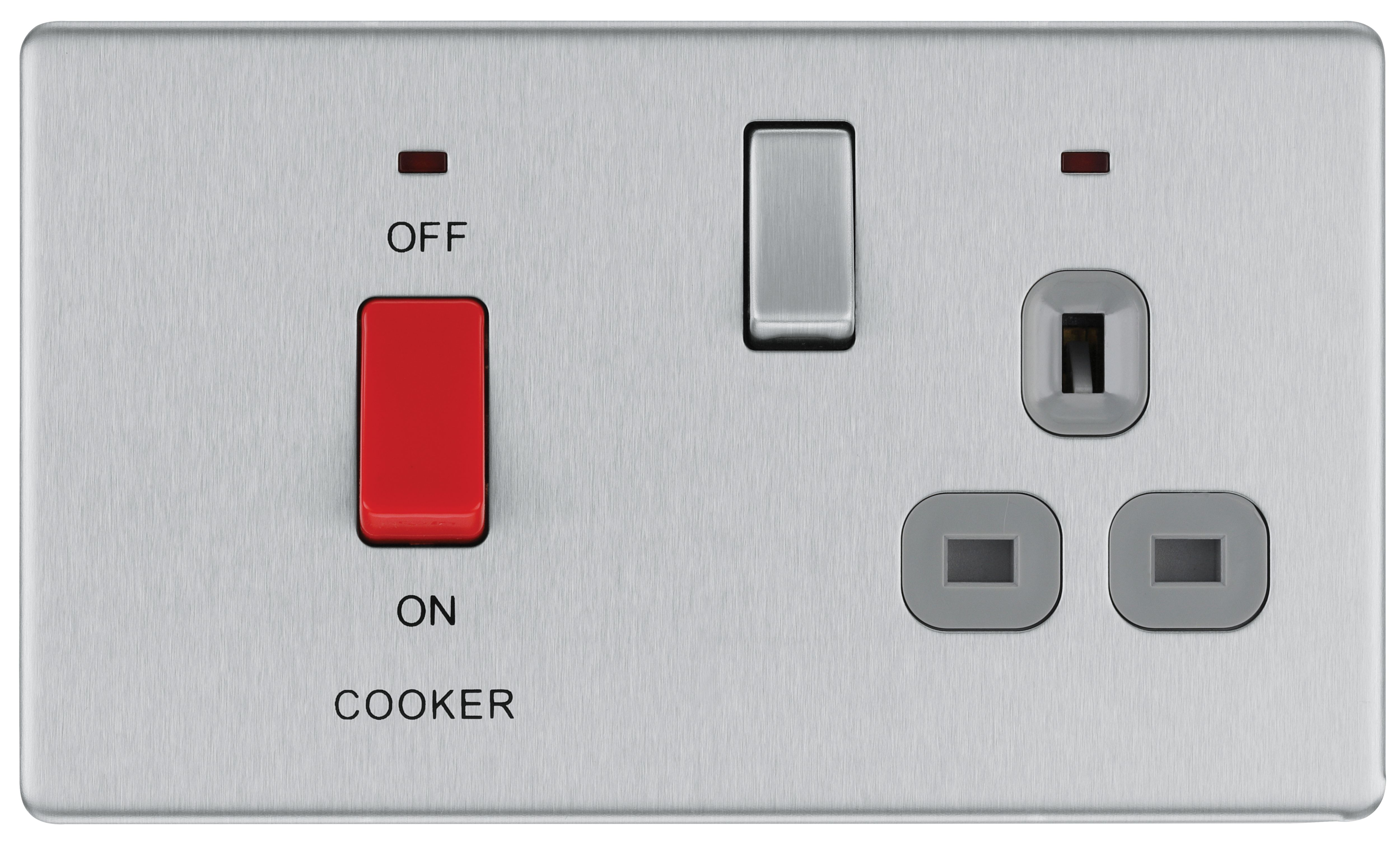 GoodHome Brushed Steel Screwless Cooker switch & socket with neon & Grey inserts