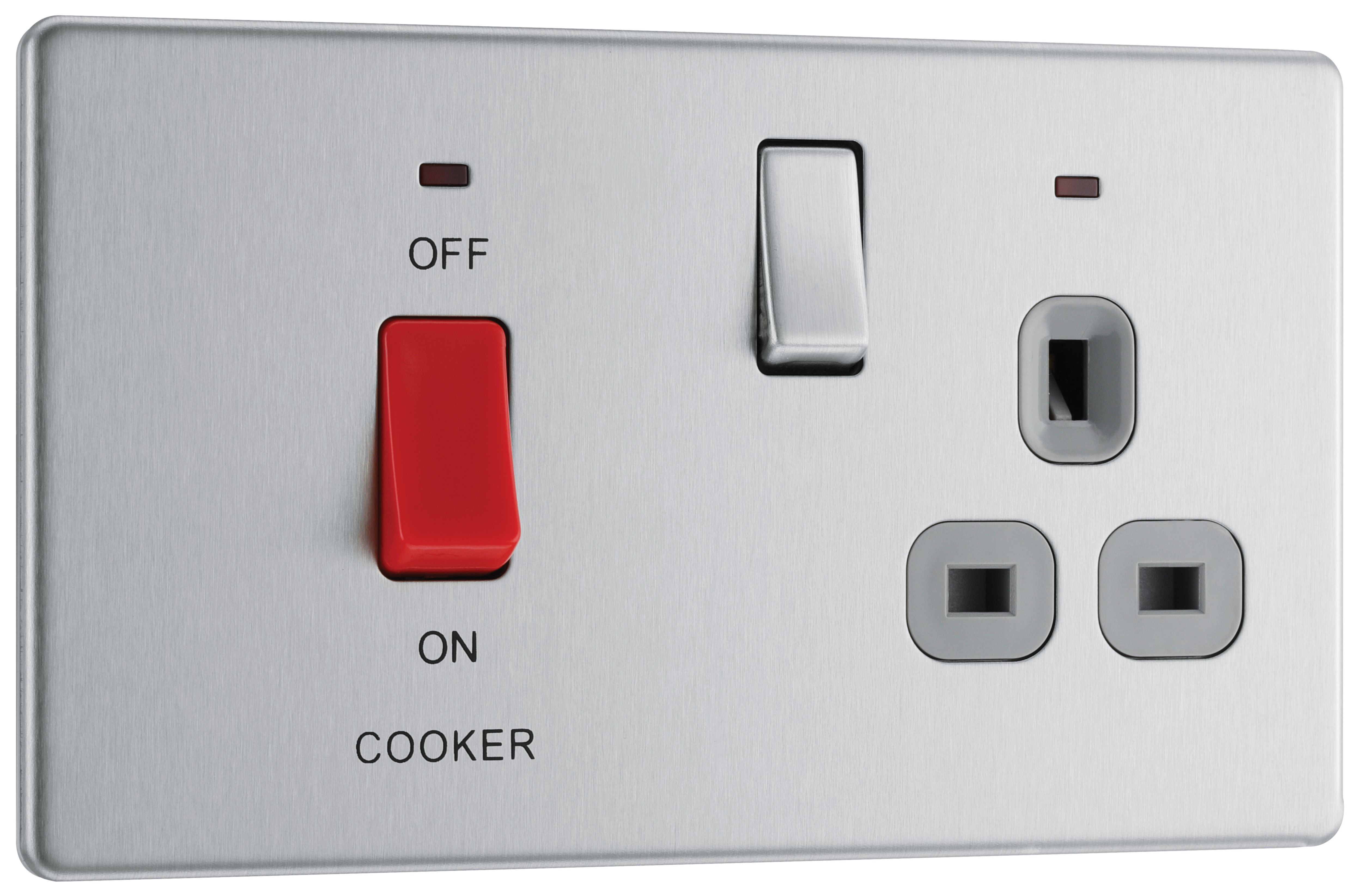 GoodHome Brushed Steel Screwless Cooker switch & socket with neon & Grey inserts