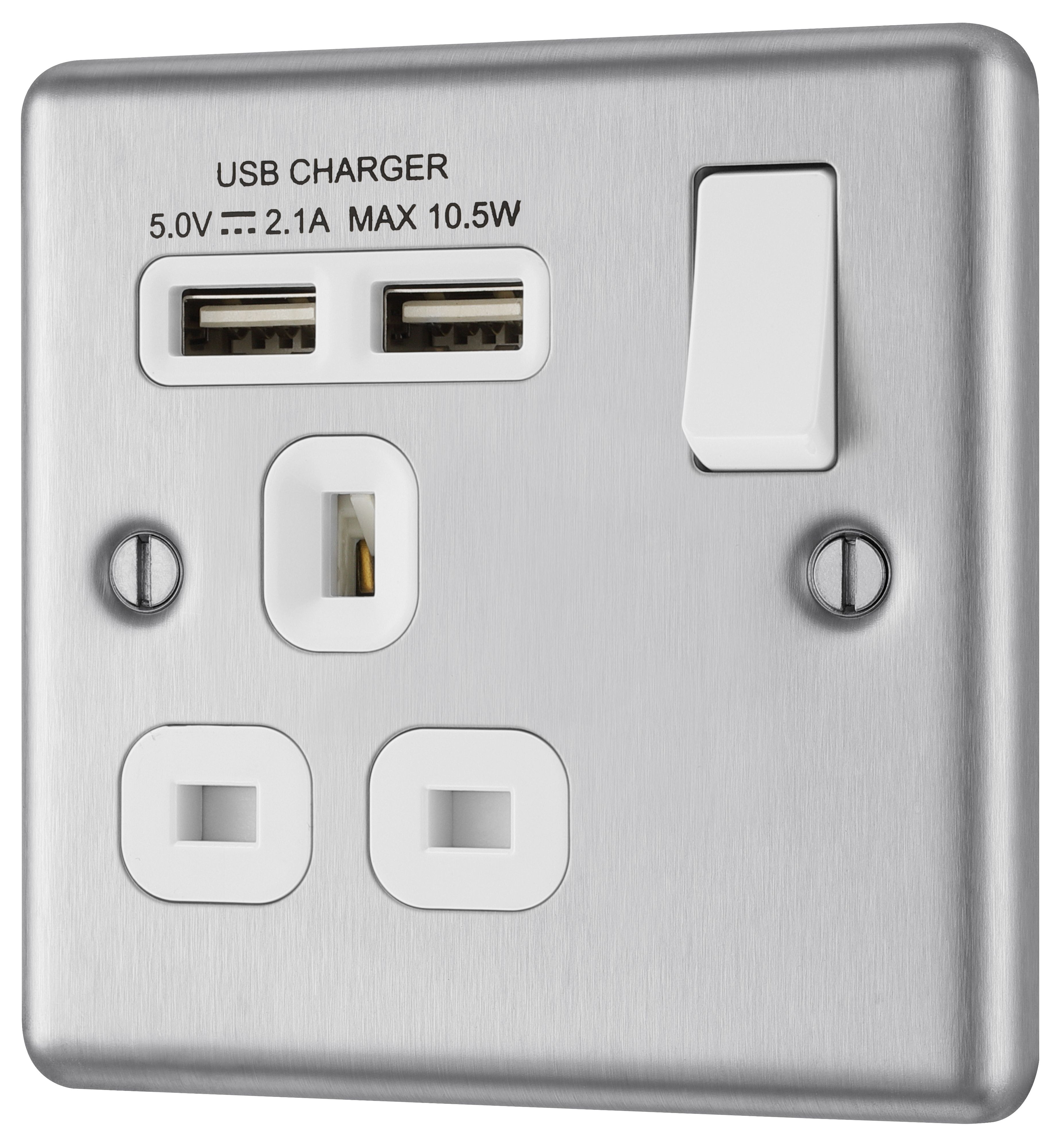 GoodHome Brushed Steel Single 13A Switched Socket with USB x2 & White inserts